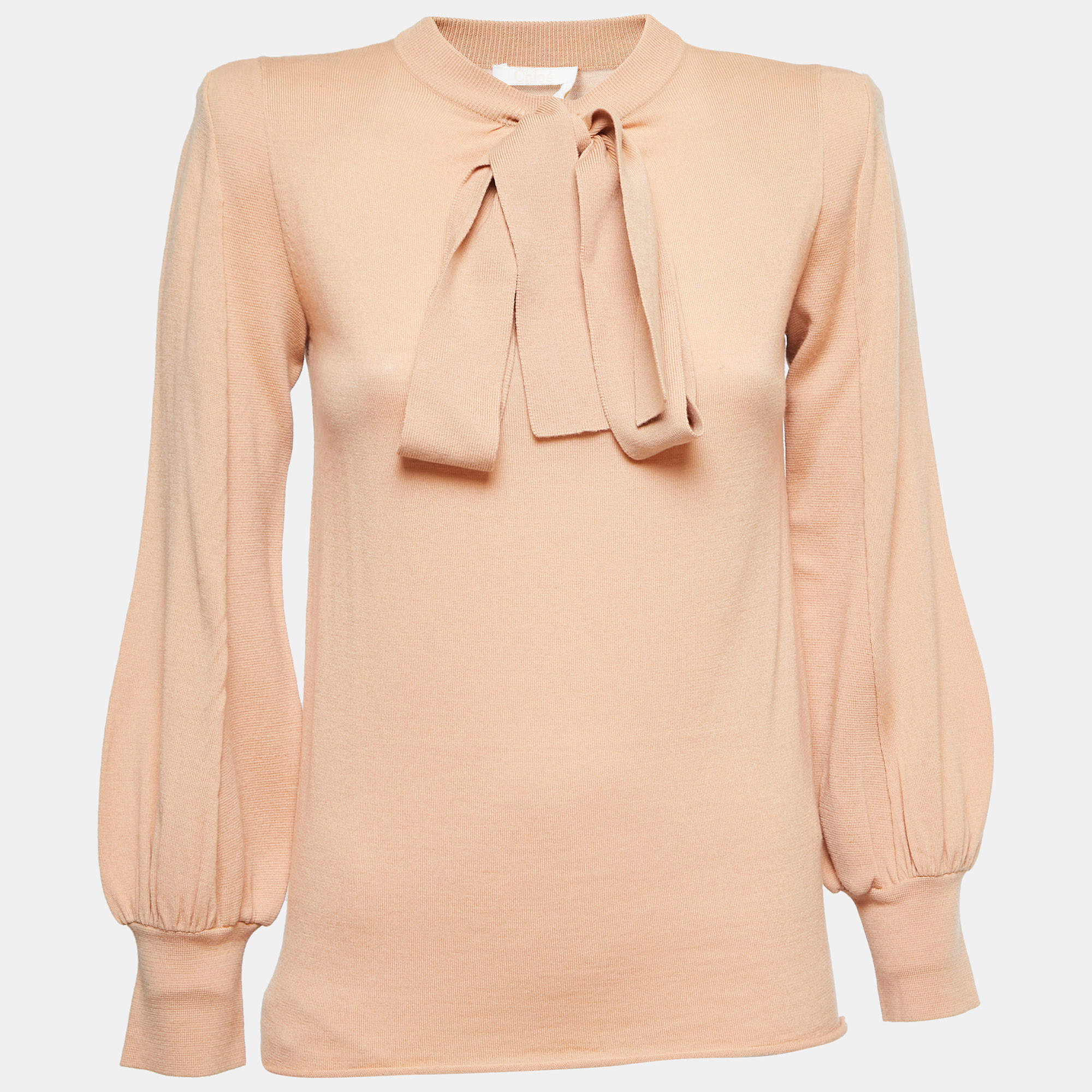Pre Owned Chloe Beige Wool Bow-Tie Knit Sweater S