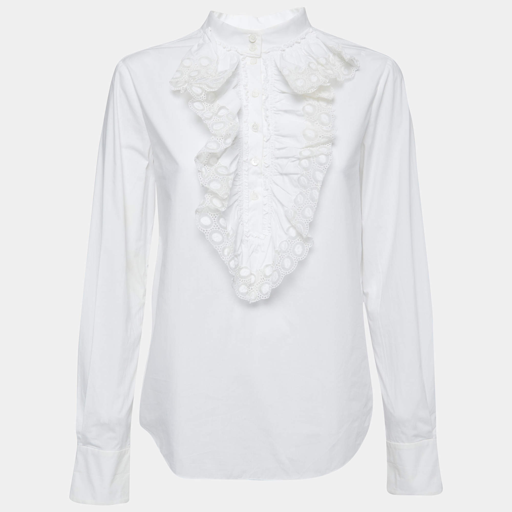 Pre Owned Chloe White Cotton Ruffled Lace Neck Blouse S