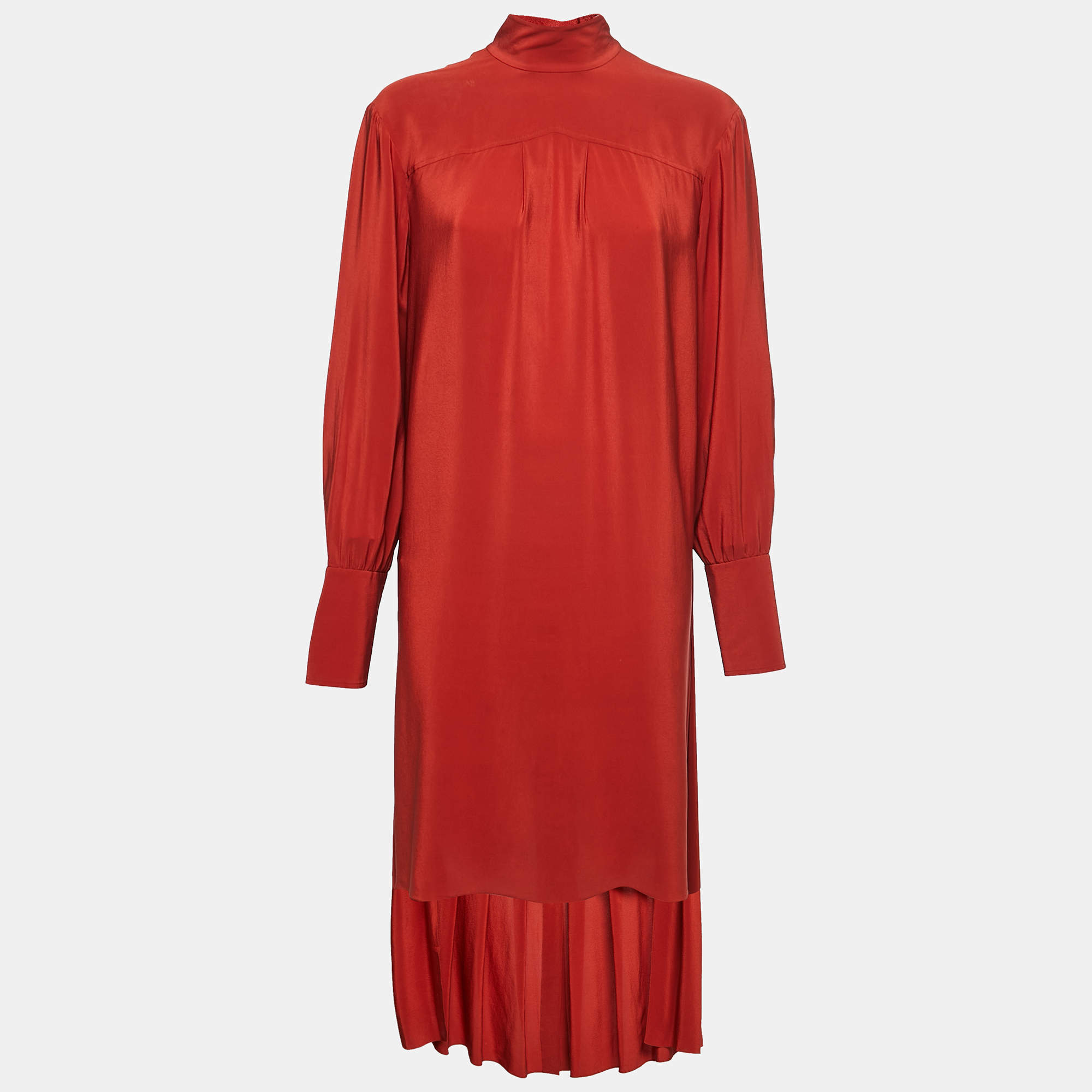 Pre Owned Chloé Red Ochre Crepe Silk High Neck Midi Dress M