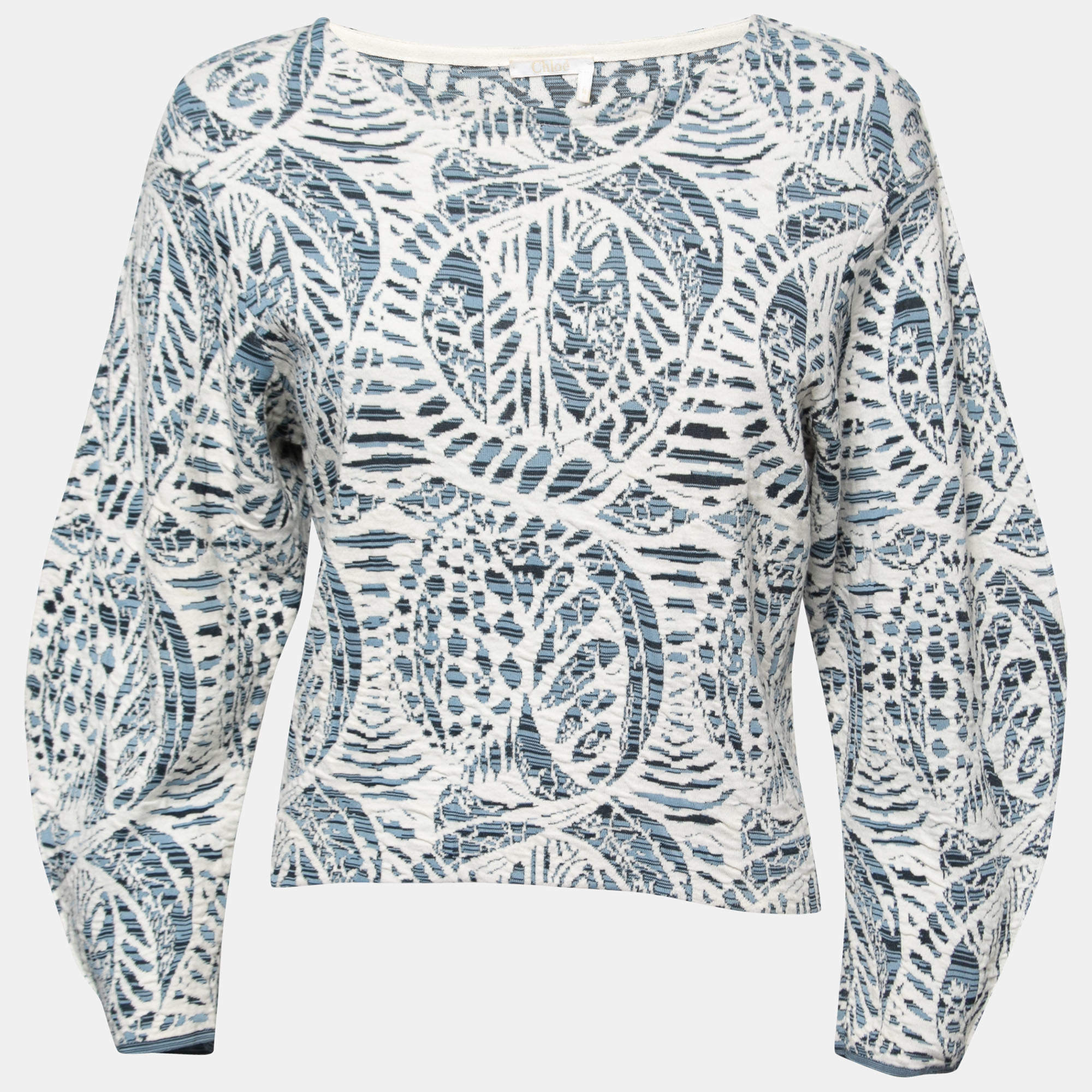Chloe Blue Patterned Jacquard Knit Long Sleeve Top S