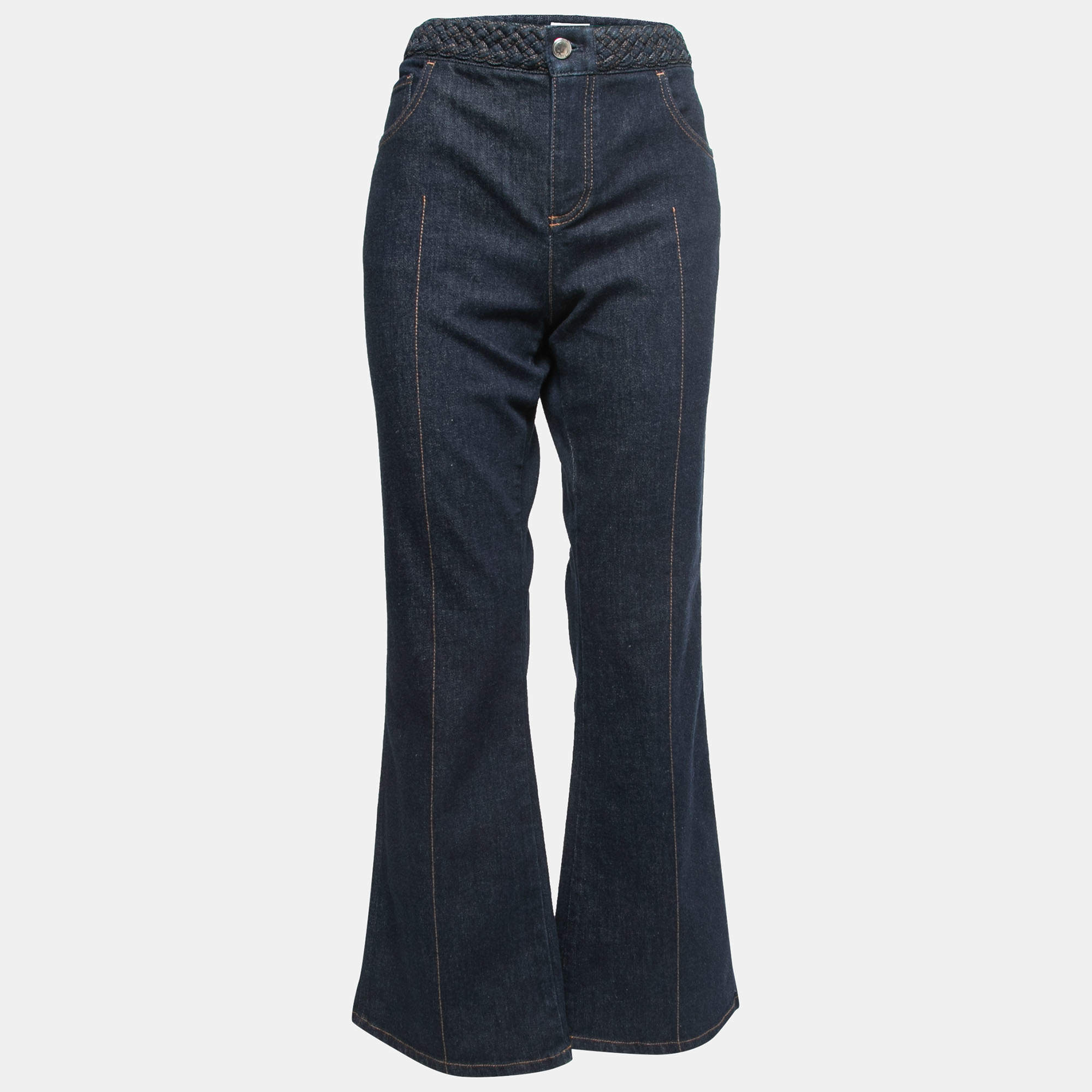 Pre Owned Chloe Dark Blue Denim Braided Detail Flared Jeans L Waist 34"