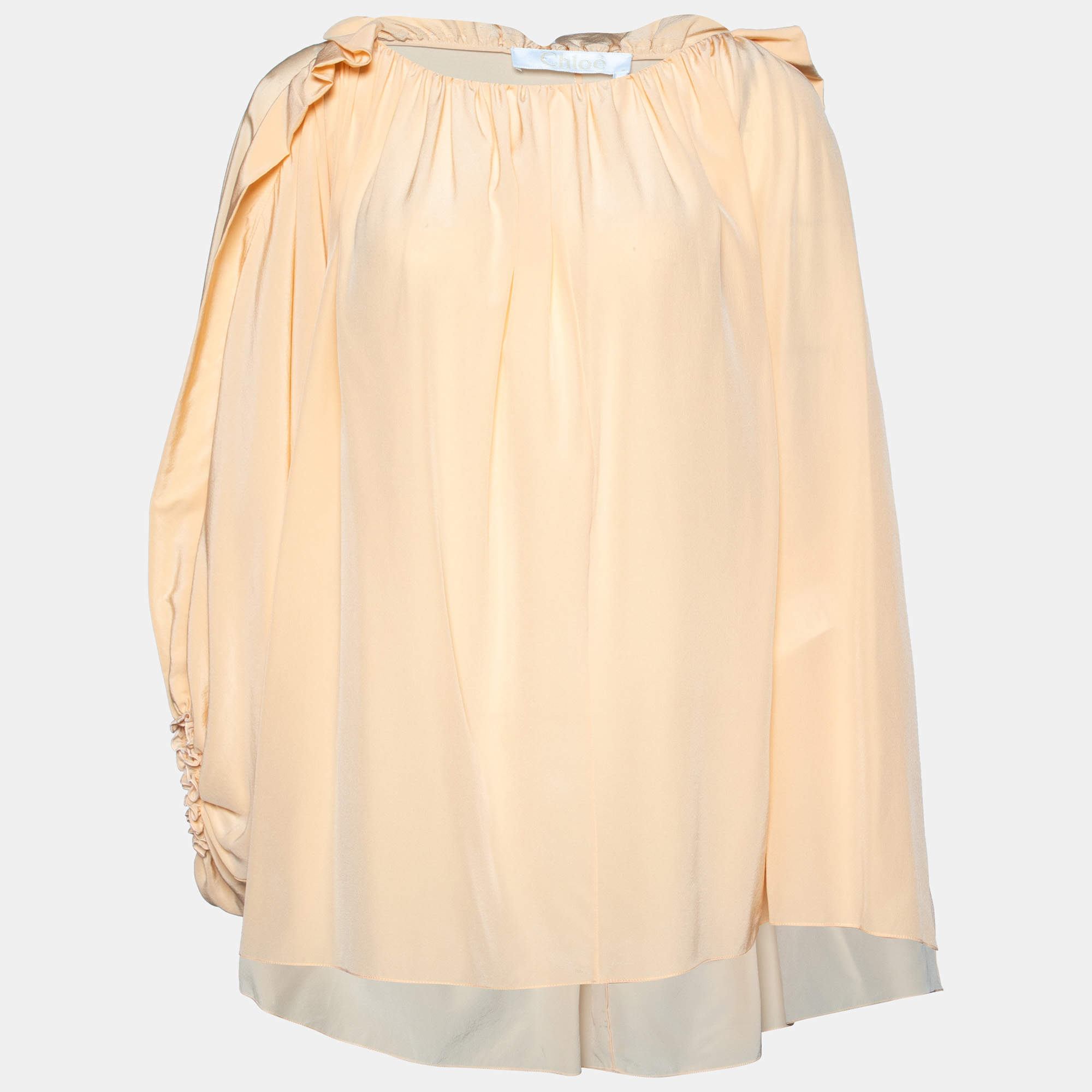 Pre Owned Chloe Woody Beige Silk Ruffle Detail Oversized Top M