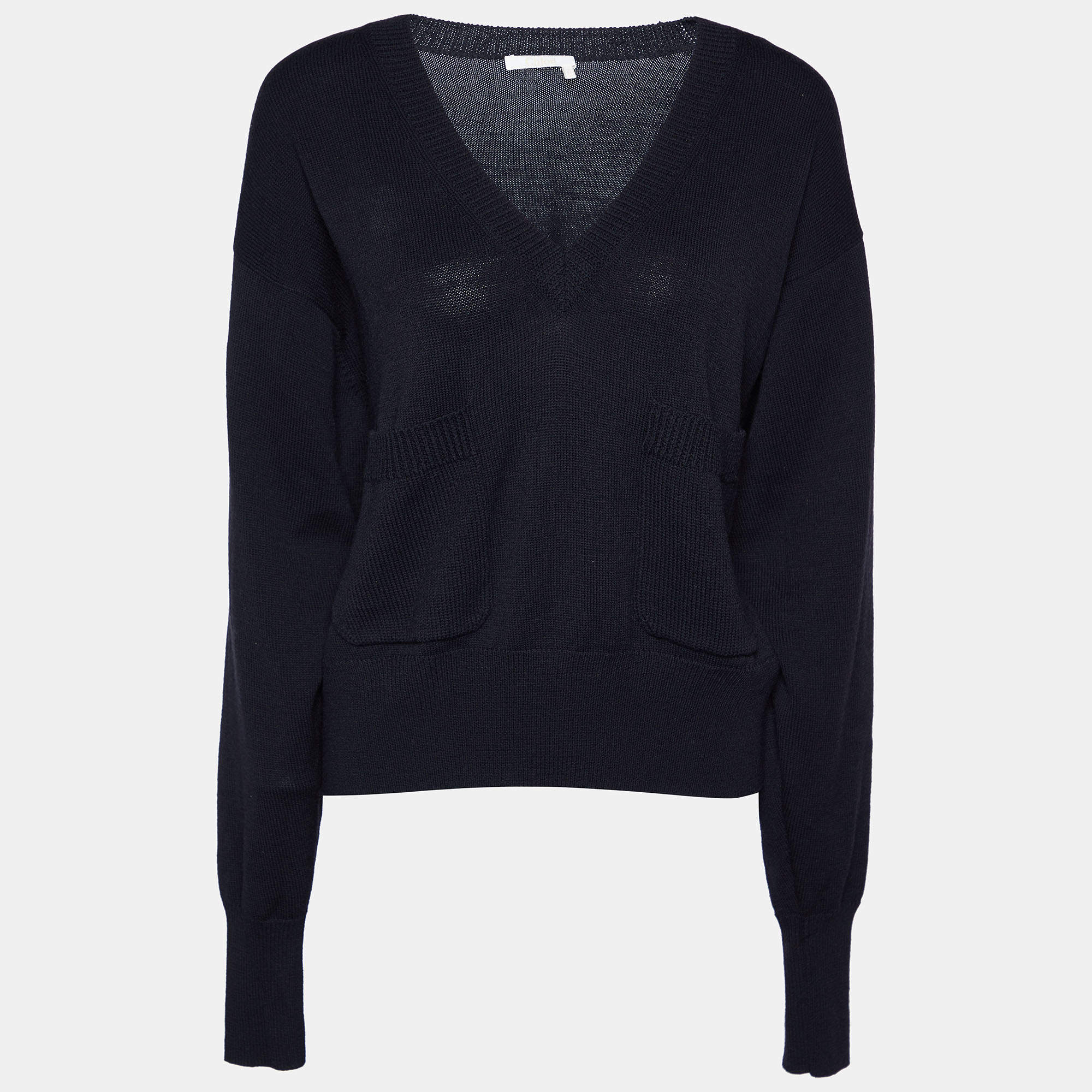 Pre Owned Chloe Navy Blue Wool Knit Cropped Sweater M