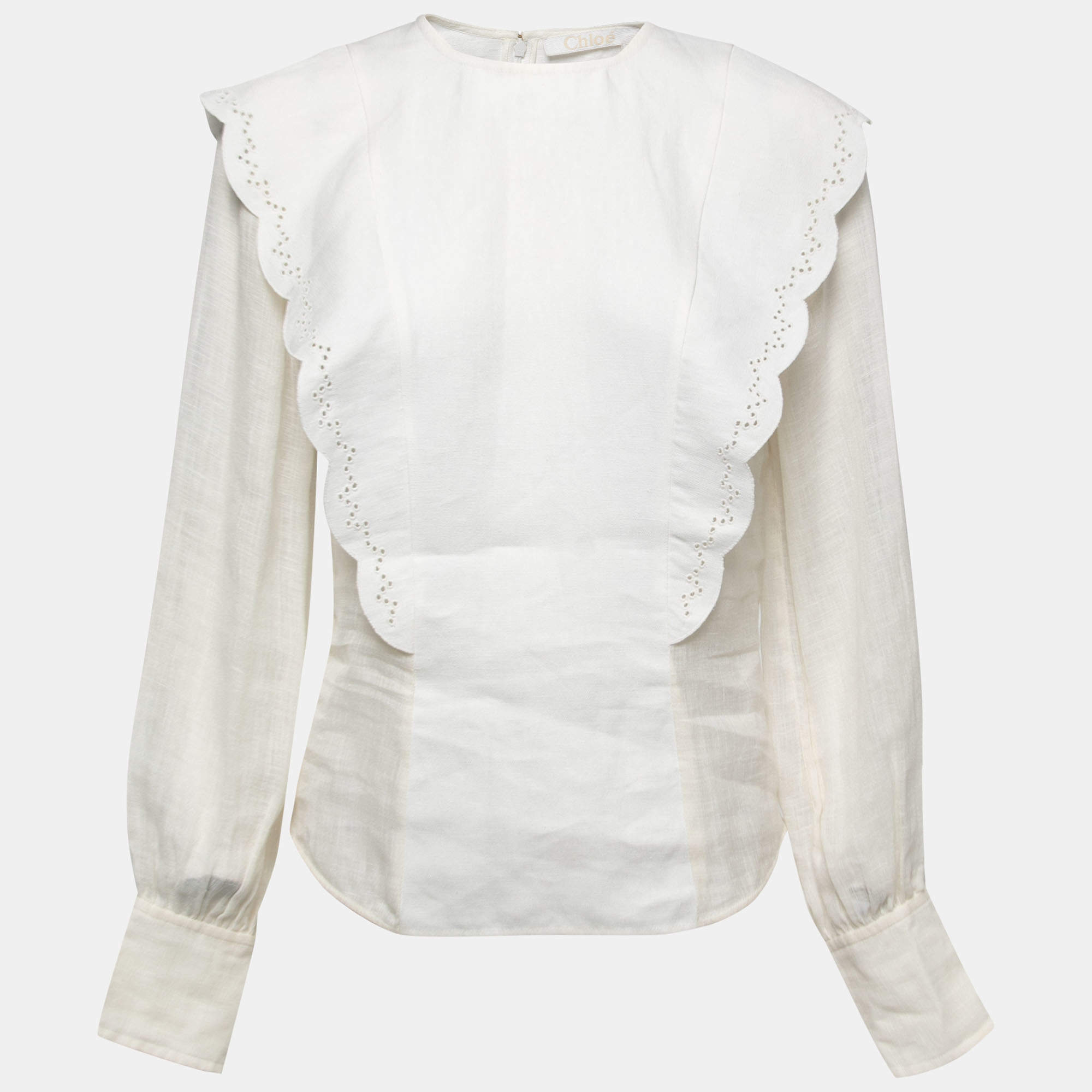 Chloe White Linen Blend Broderie Anglaise Detail Flouncy Scalloped Blouse S