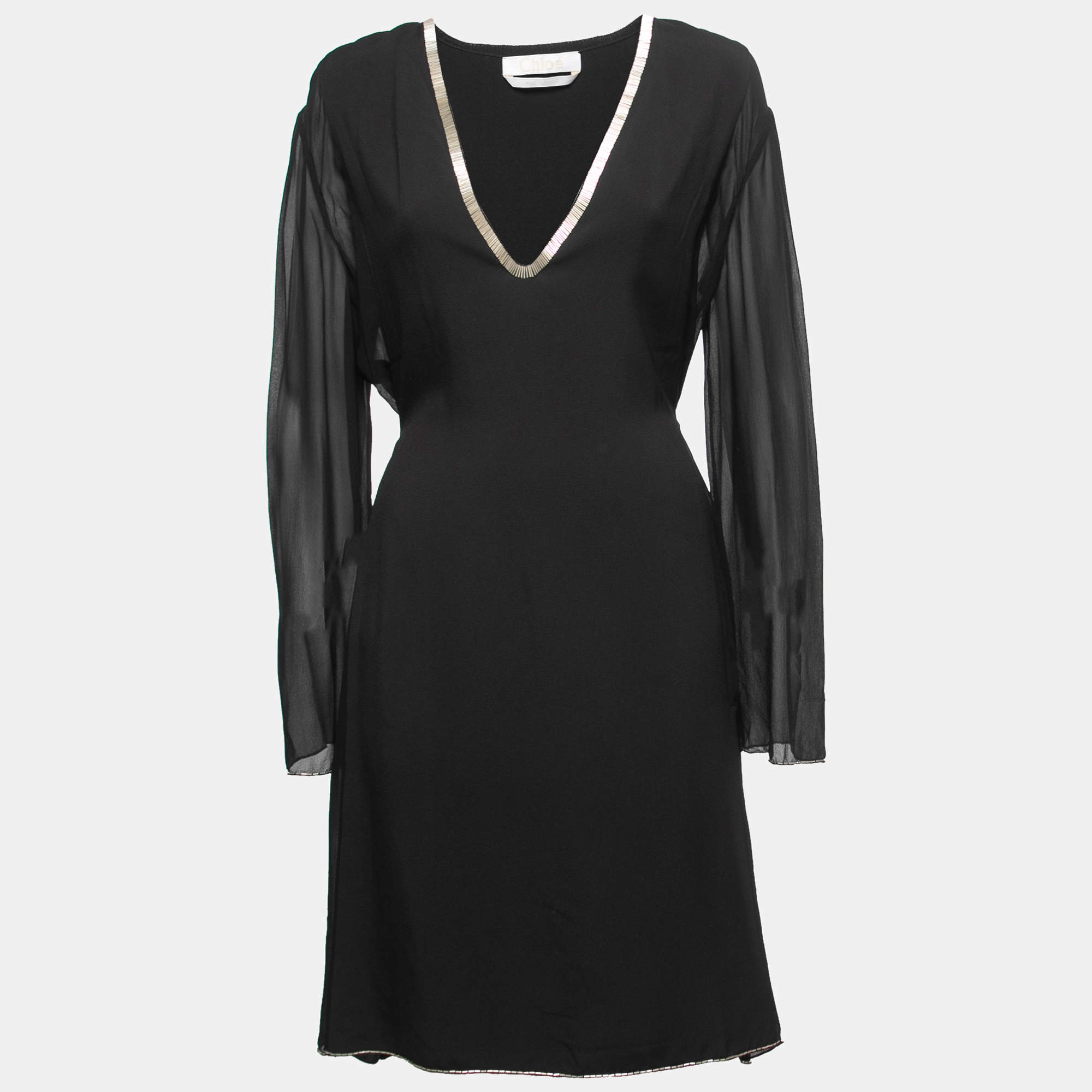 Pre Owned Chloe Black Crepe & Silk Chiffon V-Neck Full Sleeve A-Line Midi Dress M
