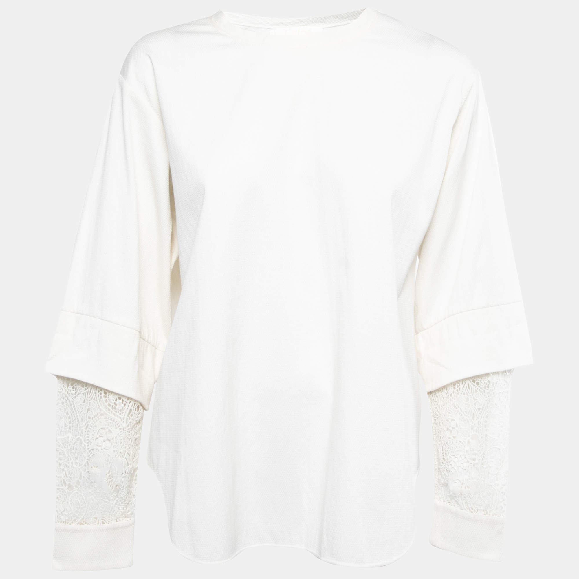 Pre Owned Chloe White Textured Cotton Lace Paneled Long Sleeve Top M