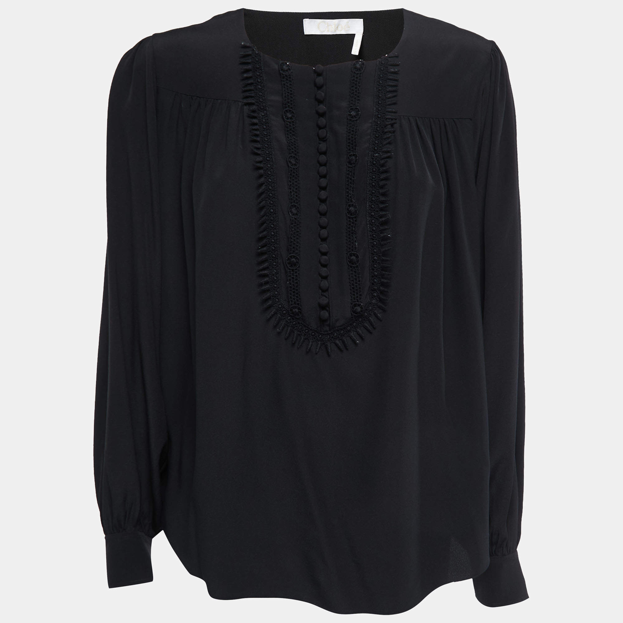 Pre Owned Chloe Navy Black Silk Lace Trimmed Long Sleeve Blouse M