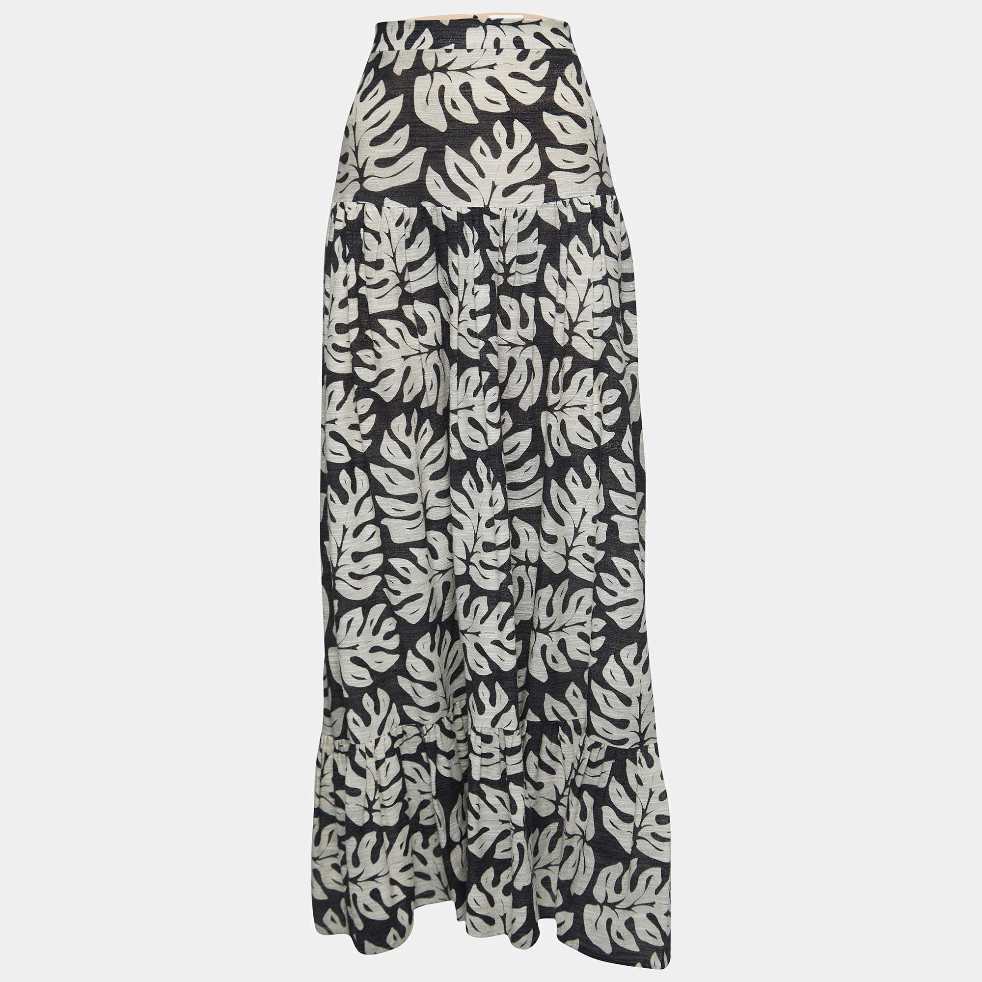 Chloe Black Leaf Printed Cotton & Wool Maxi Skirt M