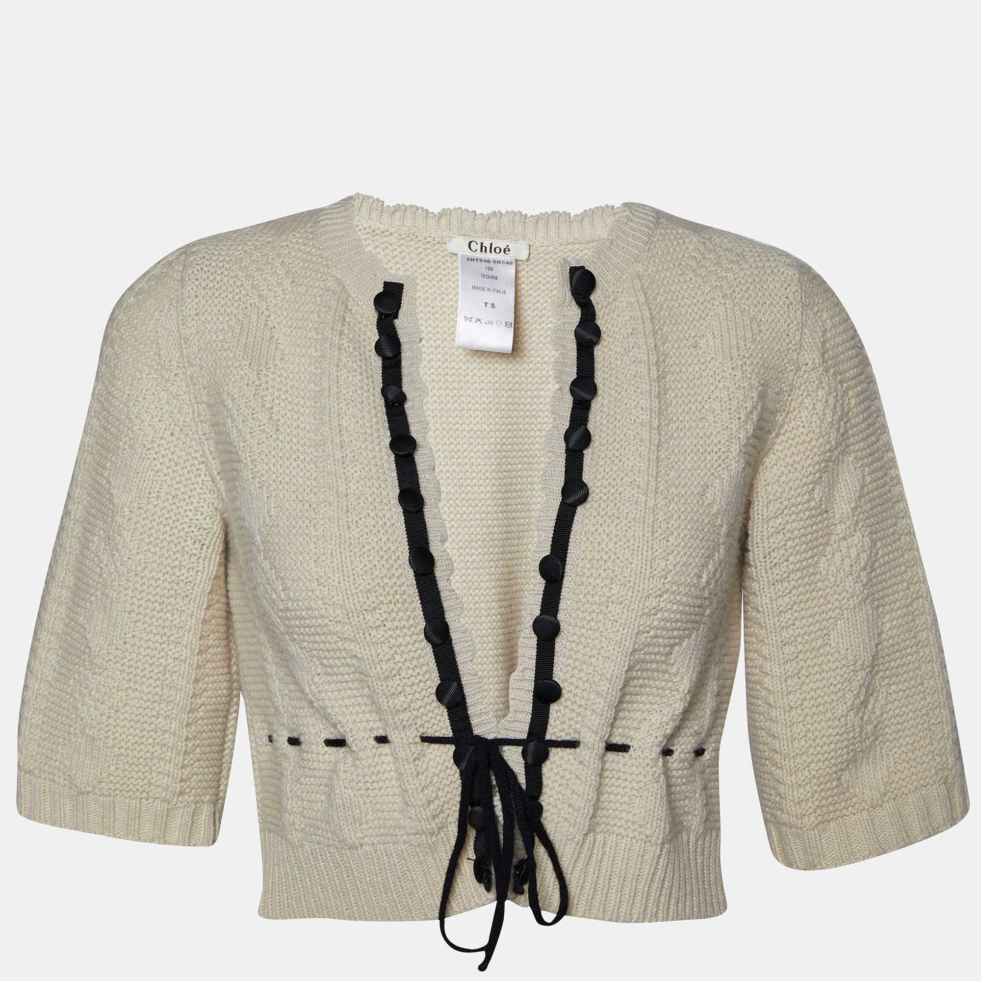 Pre Owned Chloe Beige Wool Knit Tie Detail Cropped Cardigan S
