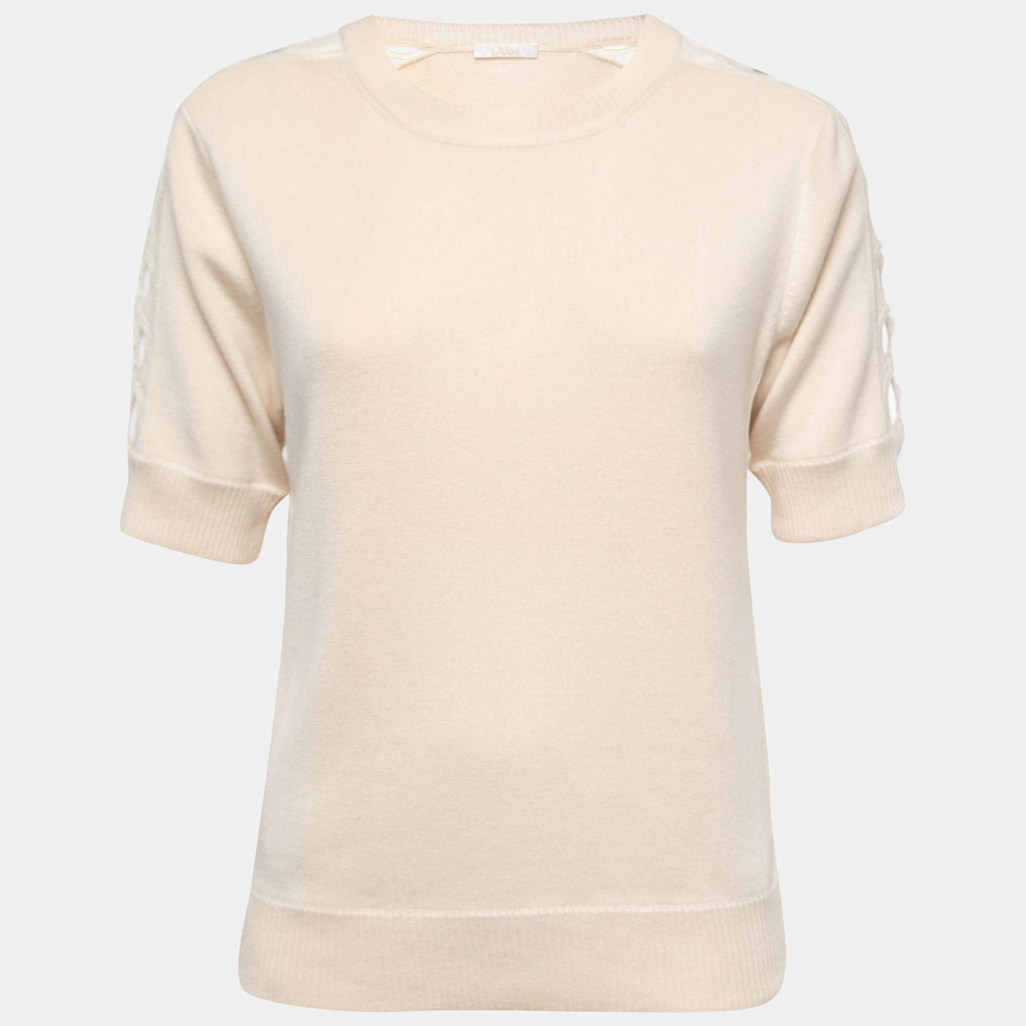 Chloe Cream Cashmere Lace Trimmed Sweater Top XS