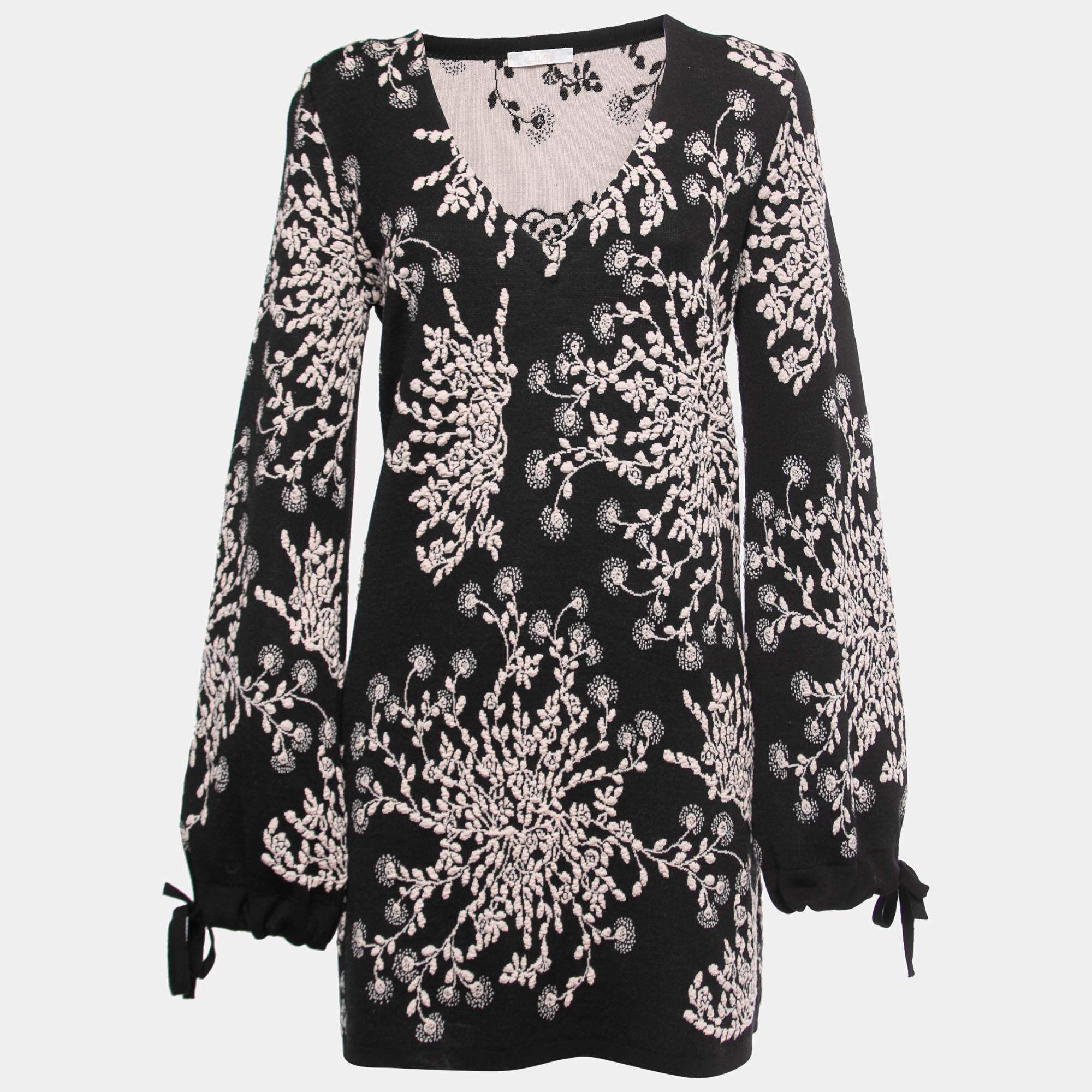 Pre Owned Chloe Black/Beige Jacquard Knit Sweater Dress M