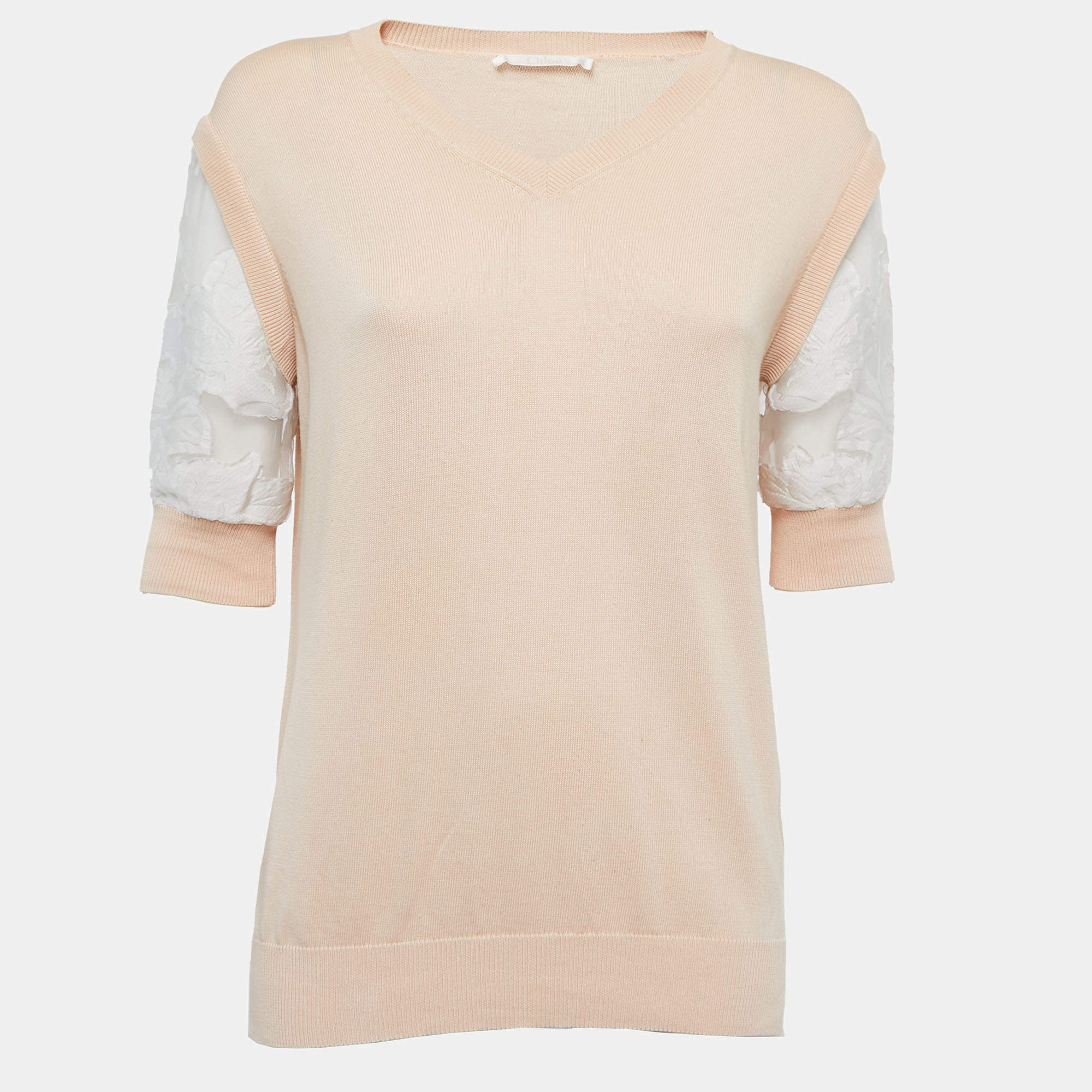 Chloe Beige Cotton Knit Floral Sleeve Detail Top XS
