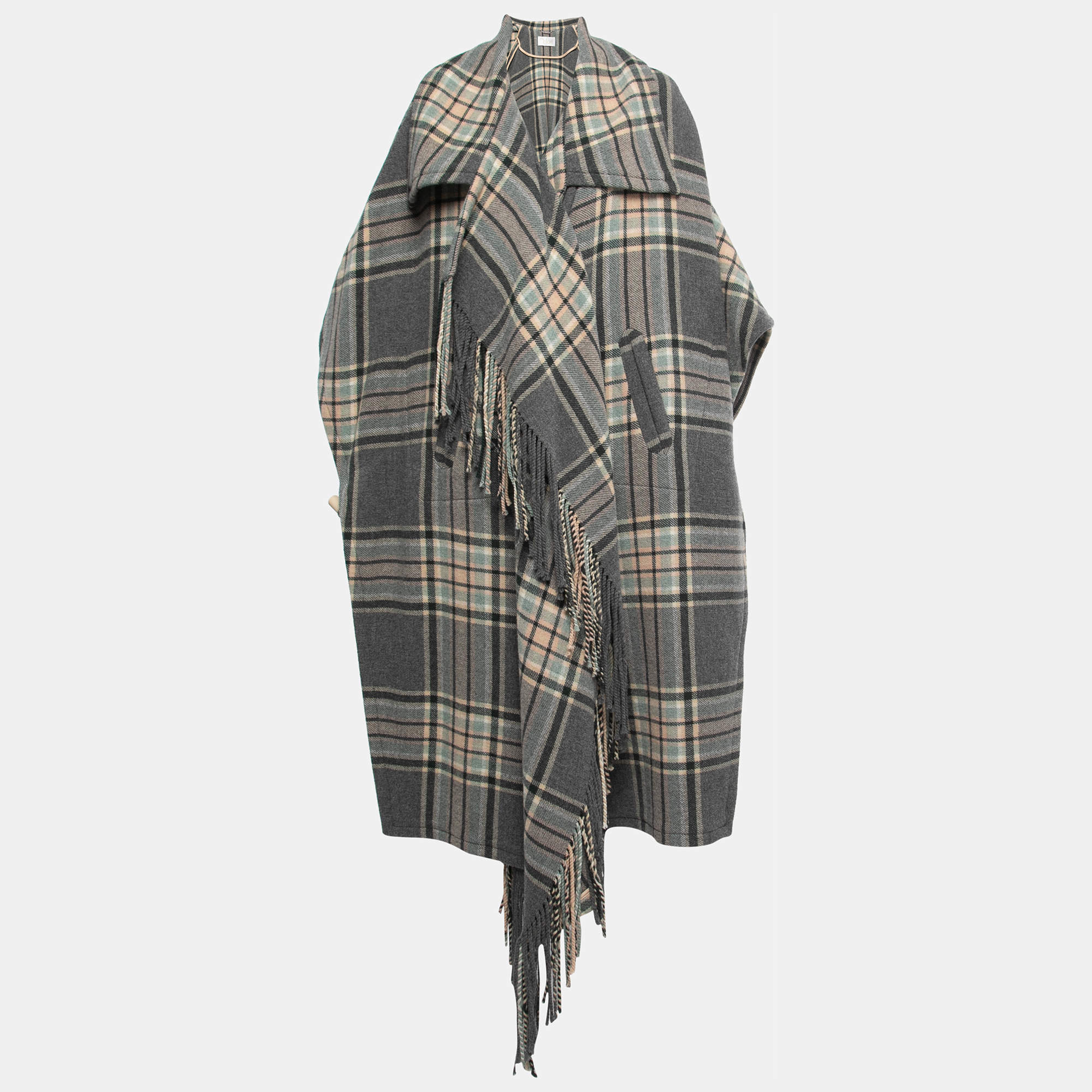 Chloe Grey/Pink Checked Wool Fringed Cape S