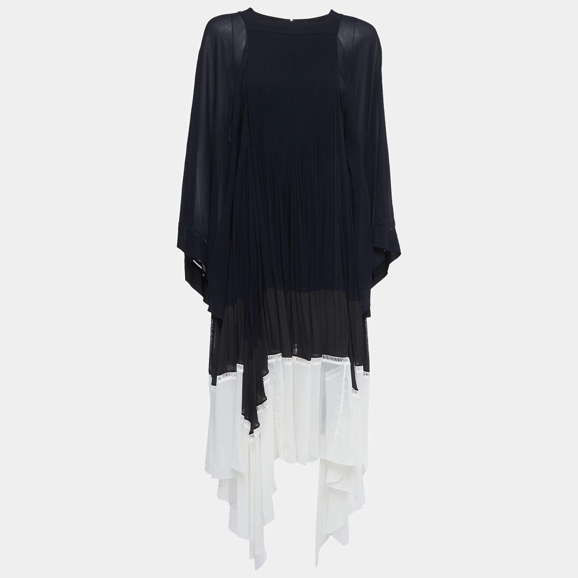 Pre Owned Chloe Navy Blue/Black Chiffon Pleated Bell Sleeve Midi Dress M