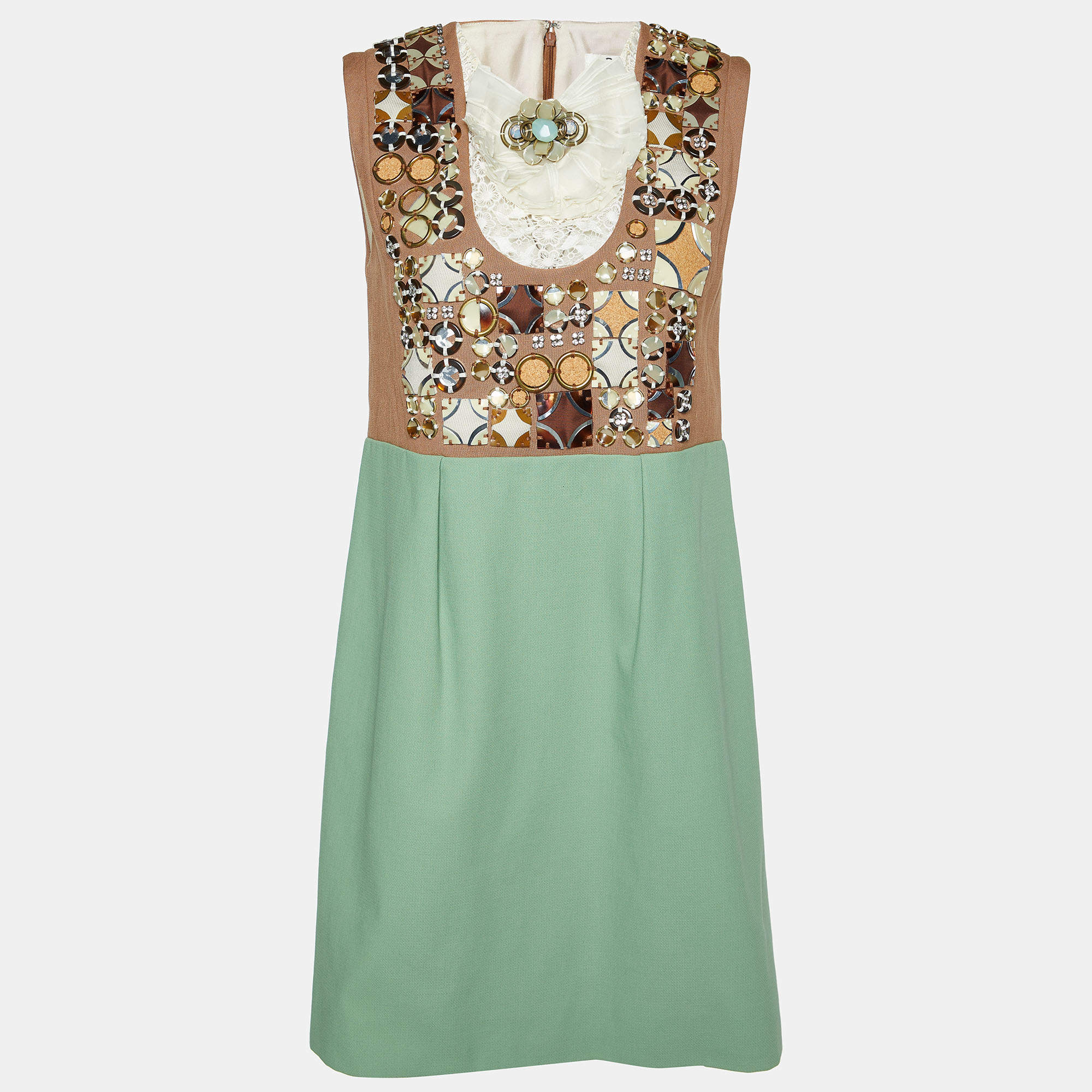 Pre Owned Chloe Green & Brown Cotton Embellished Mini Dress M
