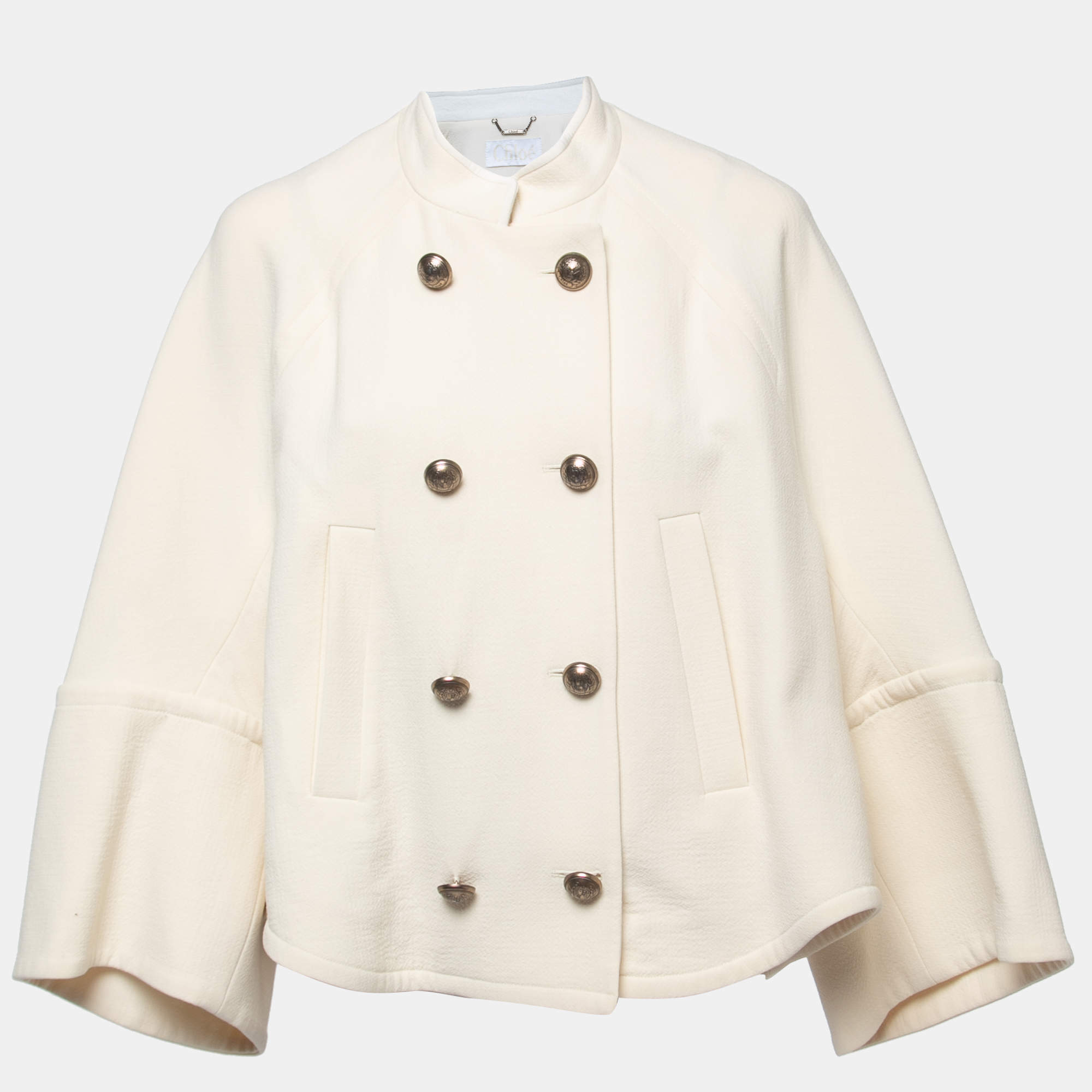 Pre Owned Chloe Cream Wool Crepe Mandarin Collared Double Breasted Cape M