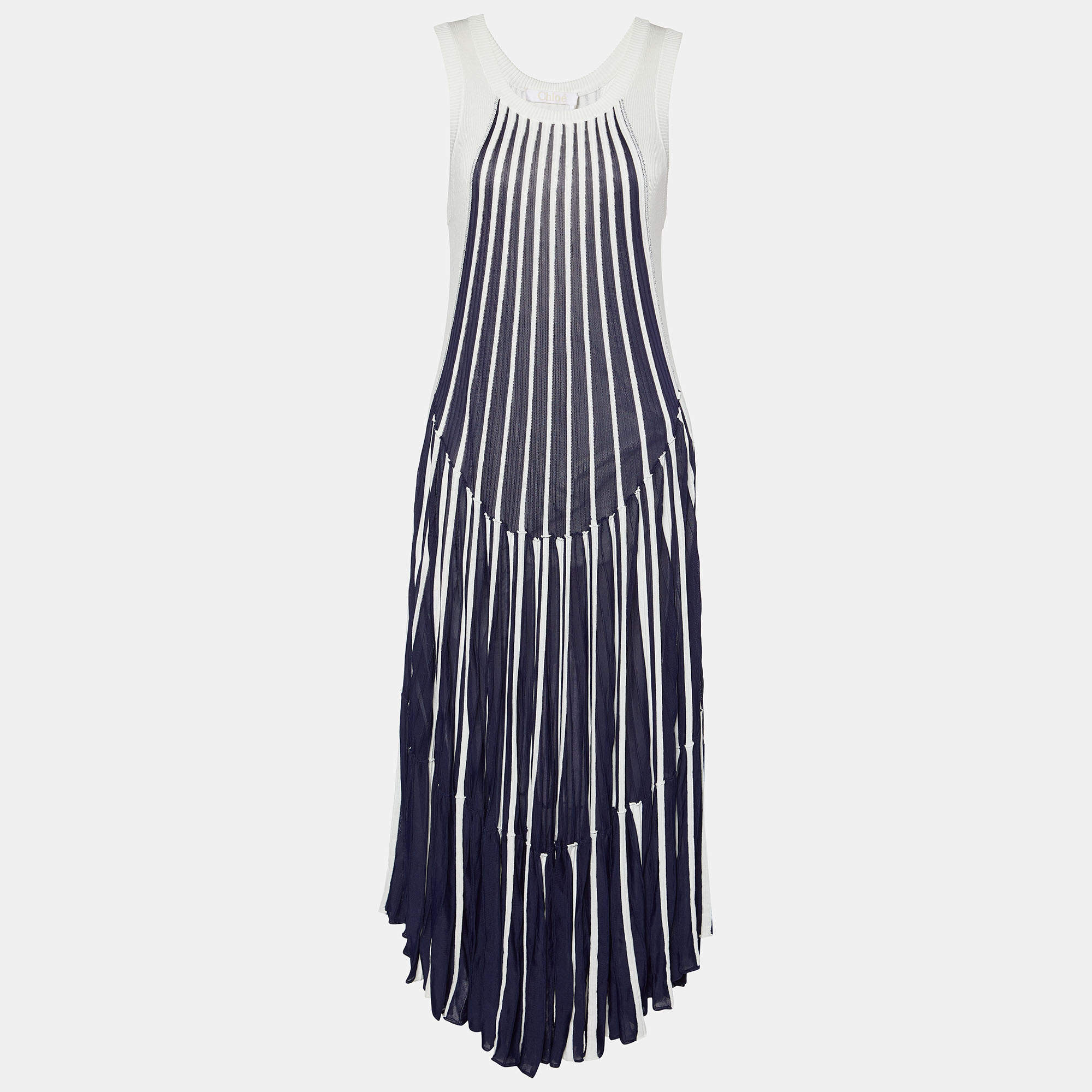 Pre Owned Chloe Navy Blue & White Cotton Knit Sleeveless Midi Dress M