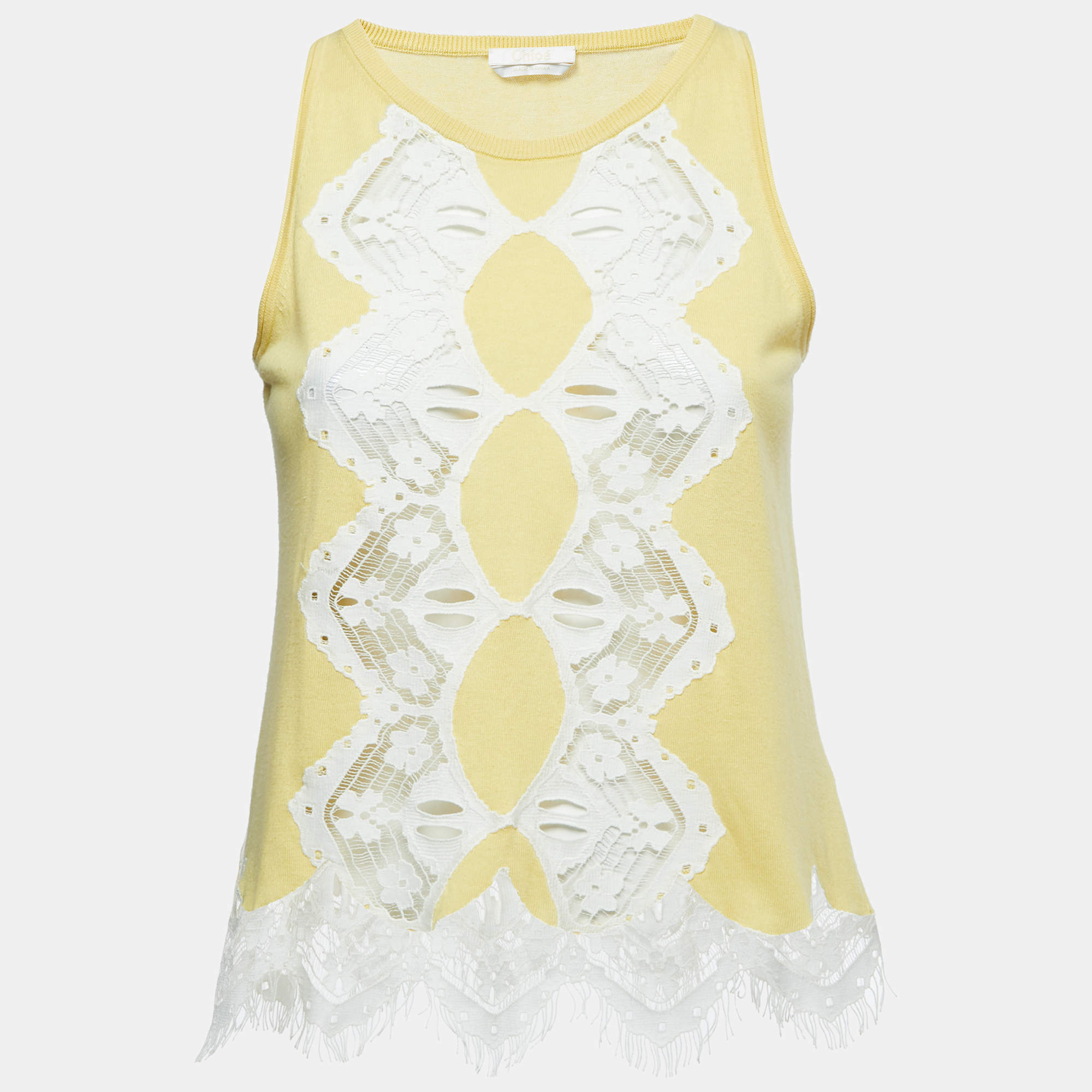 Pre Owned Chloe Yellow Knit Lace Trimmed Tank Top XS