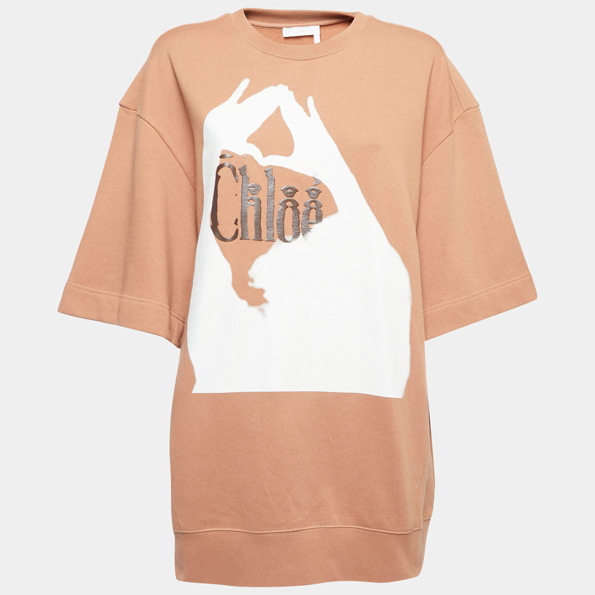 Pre Owned Chloe Orange Logo Print Cotton Crew Neck Half Sleeve Sweatshirt M