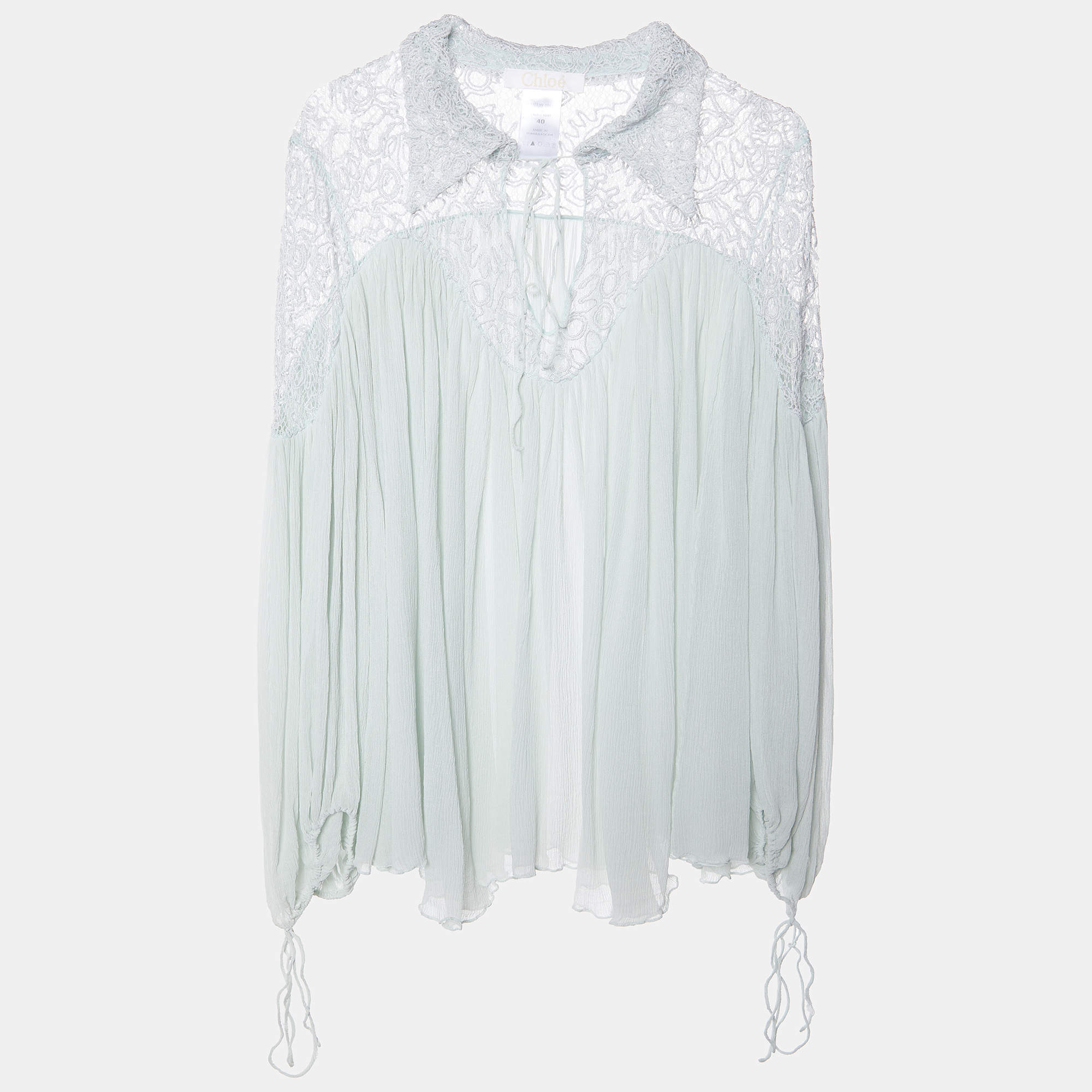Pre Owned Chloe Mint Green Silk Chiffon & Lace Top M