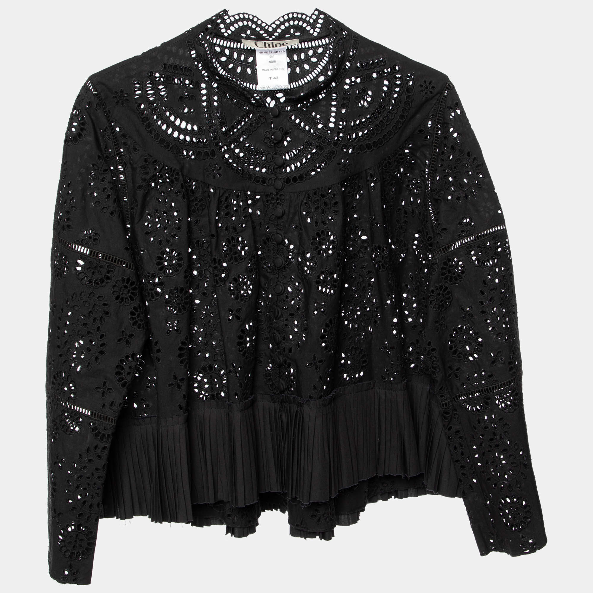 Pre Owned Chloe Black Cutwork Cotton Button Front Shirt L