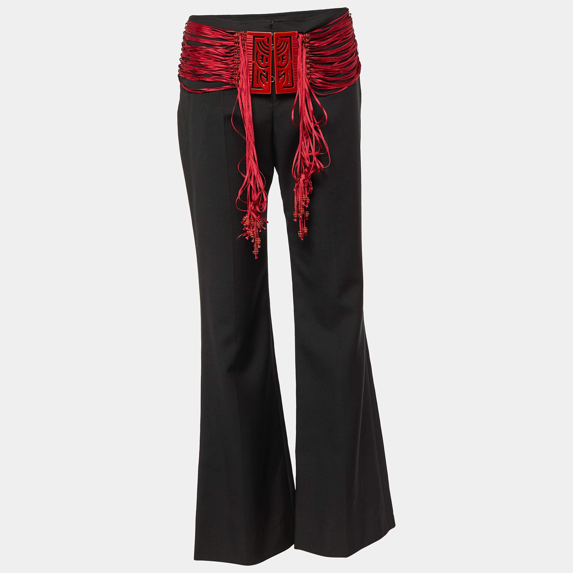 Pre Owned Chloe Black Wool Ribbon beaded Waist Detail Trousers M