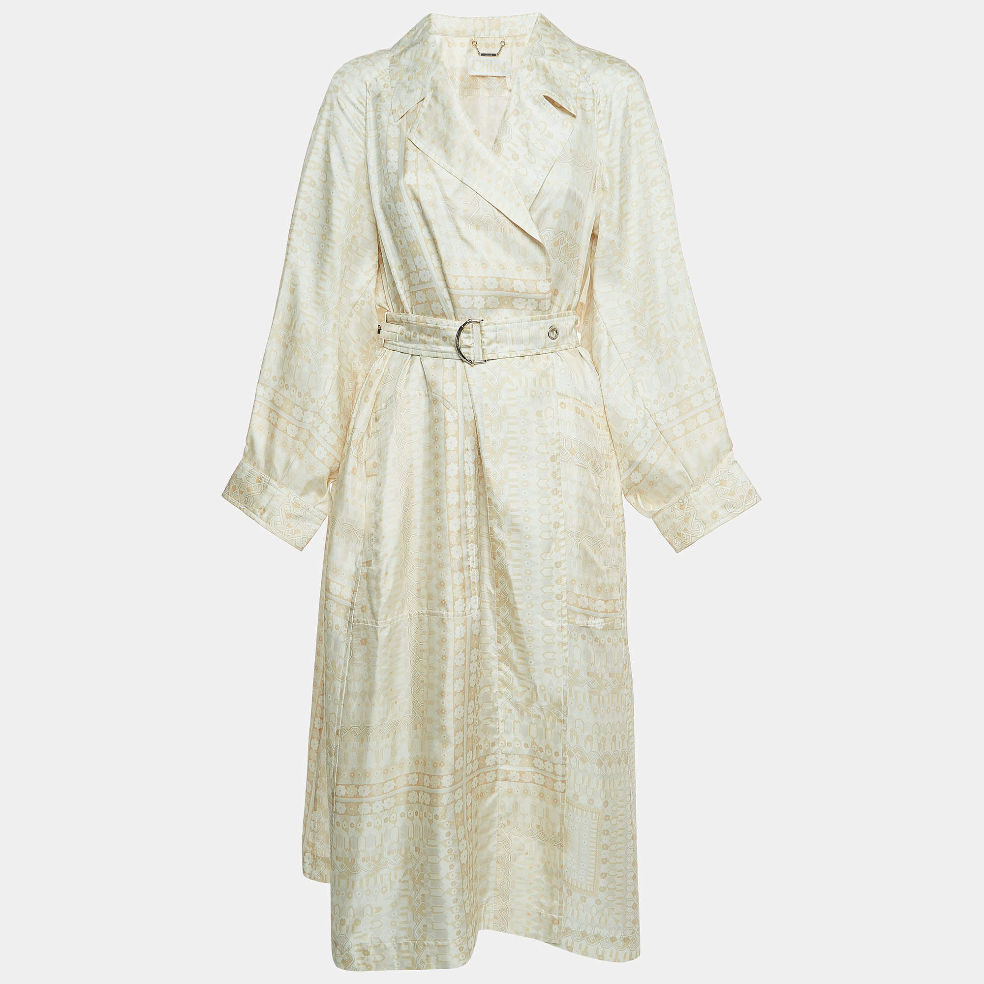 Chloe White Print Silk Open Front Belted Long Coat M