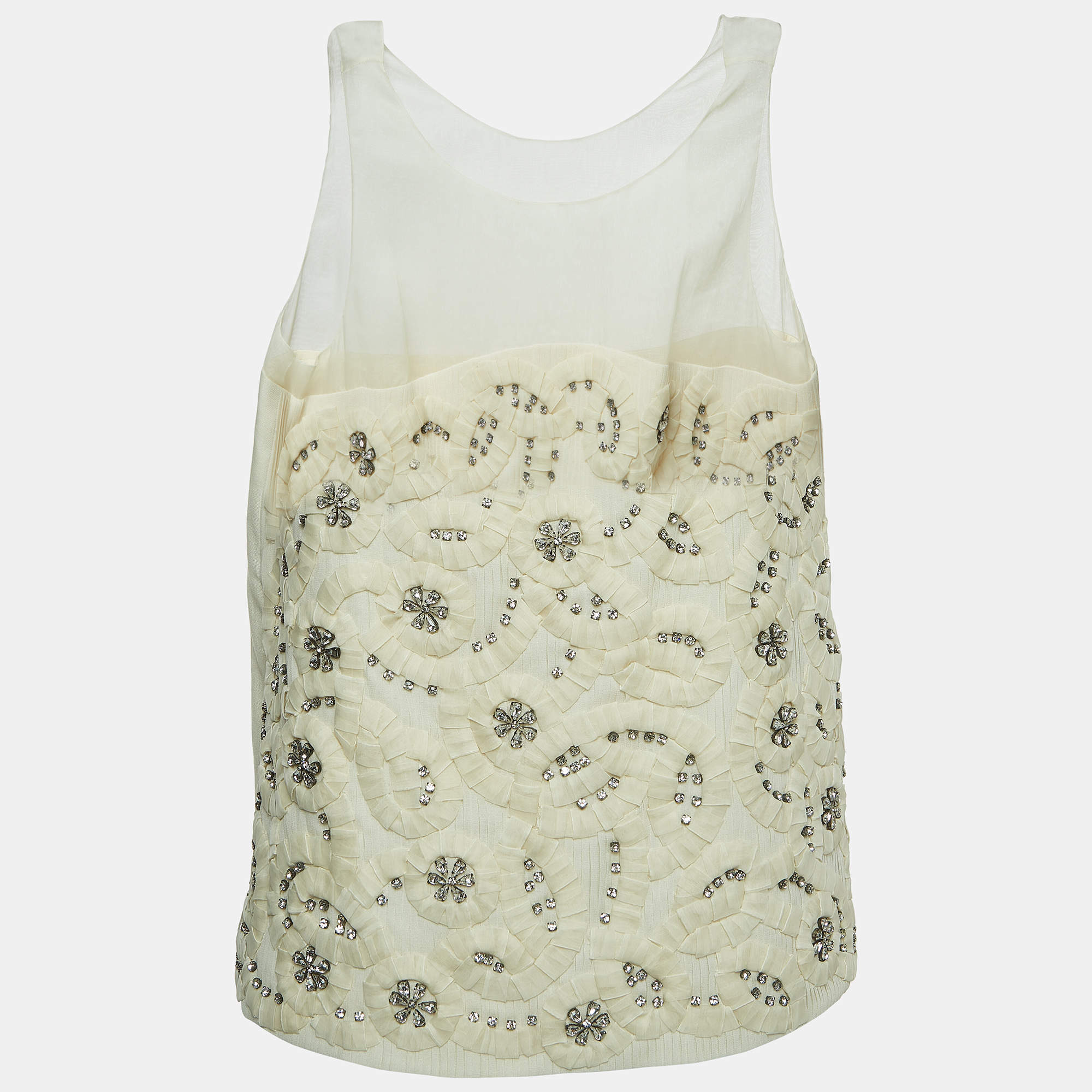 Pre Owned Chloe Cream Crystals Embellished Silk & Linen Blend Sleeveless Top M