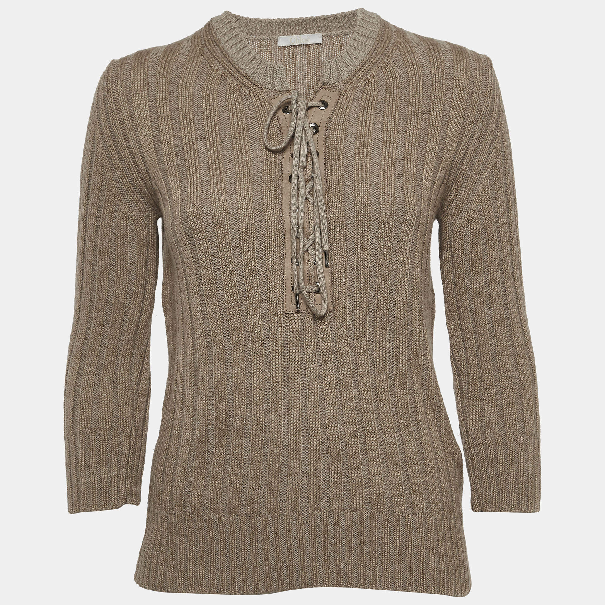 Chloe Dark Beige Wool and Linen Lace Tie up Detail Sweater M