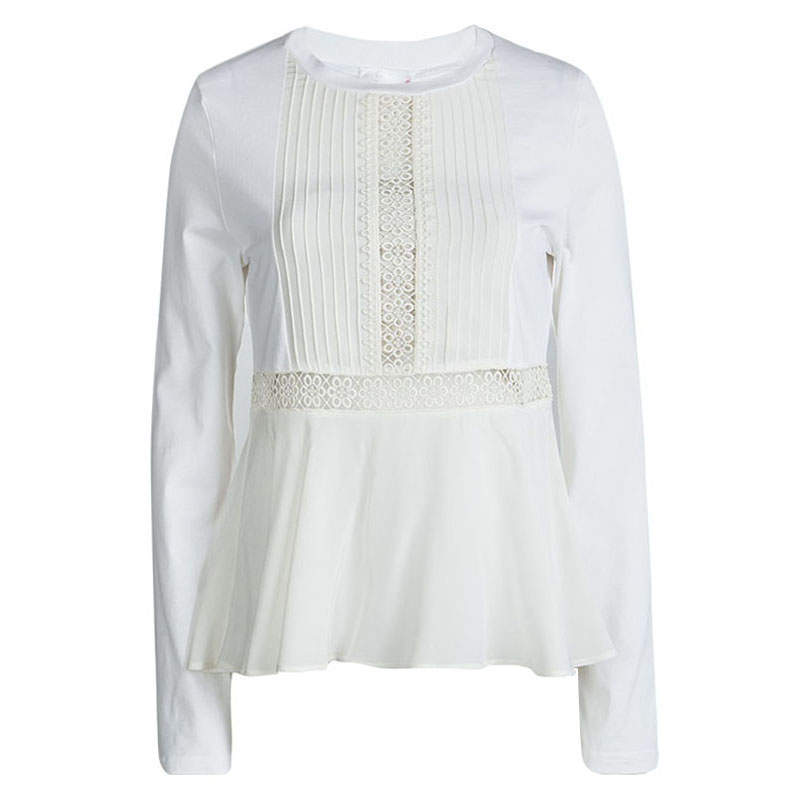 Pre Owned Chloe White Cotton Lace Insert Detail Ruffle Bottom Long Sleeve Top S