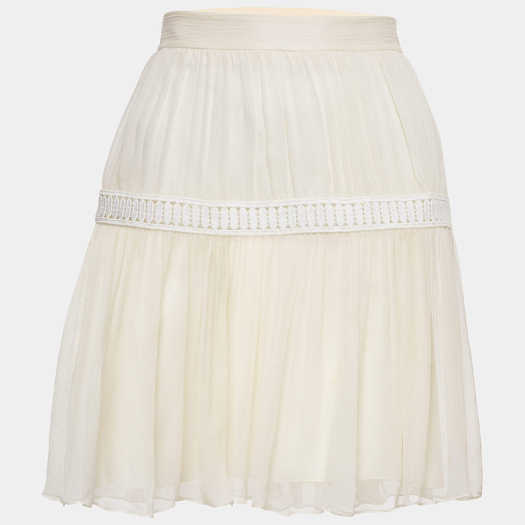 Chloe White Lace Trim Silk Gathered Mini Skirt S