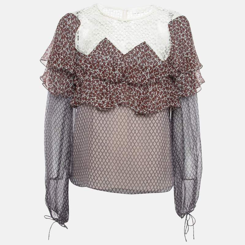 Chloe Multicolor Printed Lace Trim Silk Ruffled Blouse M