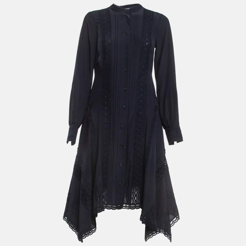 Pre Owned Chloe Navy Silk Lace Trim Shirt Dress S