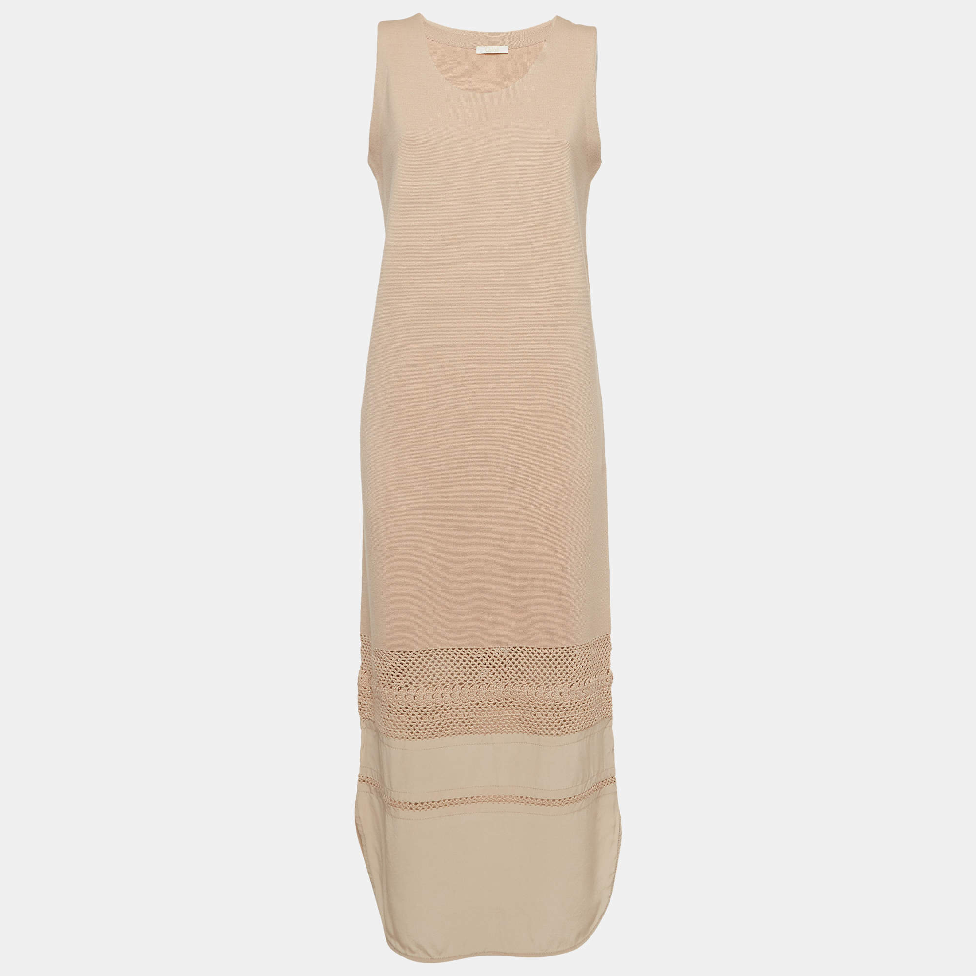 Pre Owned Chloe Beige Crochet Trim Wool Knit Sleeveless Maxi Dress M