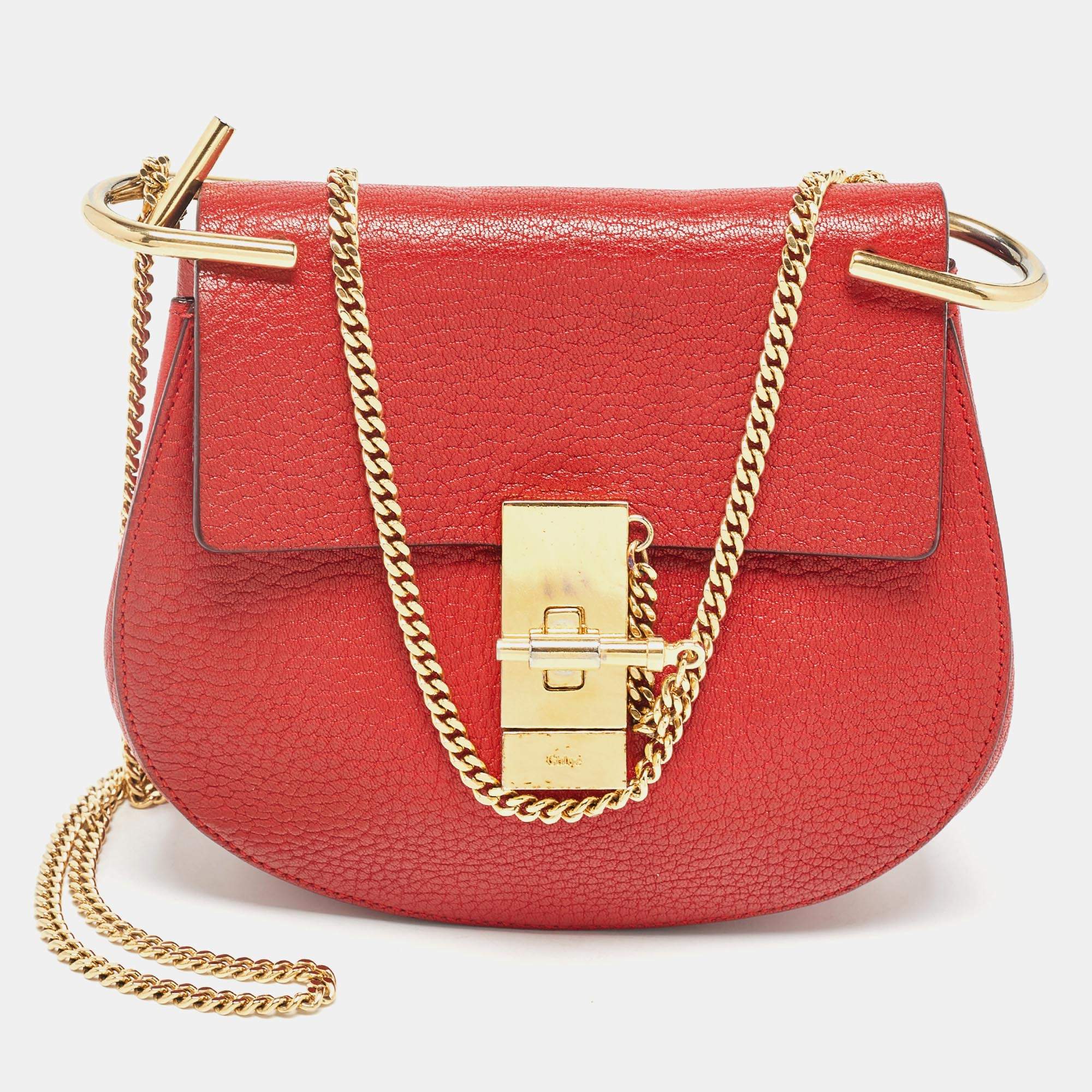 Pre Owned Chloe Red Leather Small Drew Chain Crossbody Bag