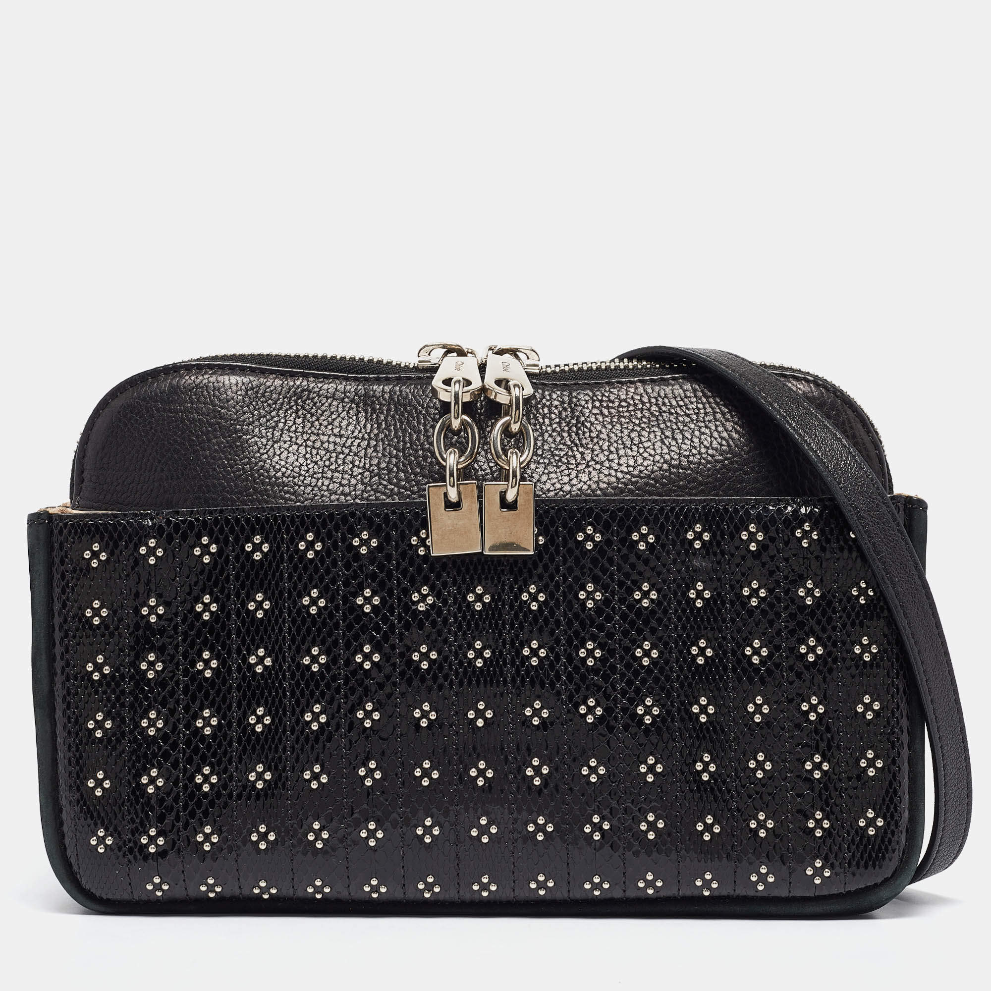 Pre Owned Chloe Black Snakeskin, Nubuck and Leather Studded Crossbody Bag