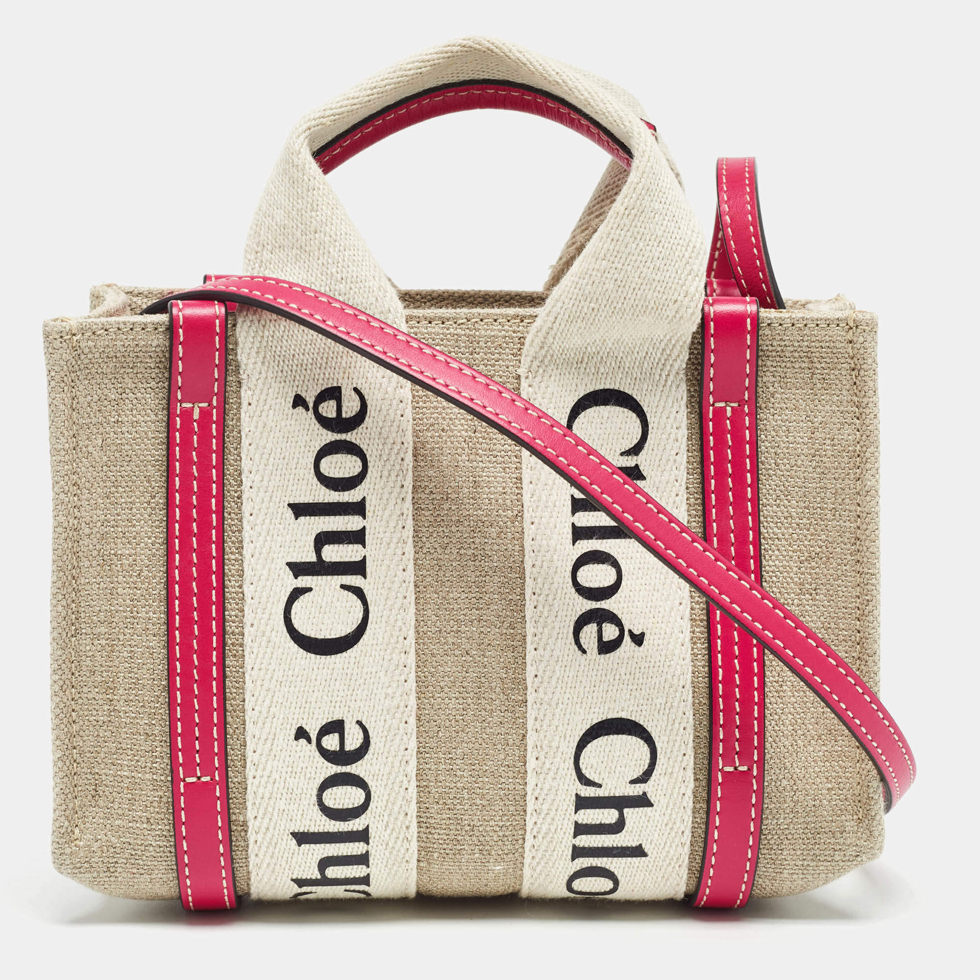 Pre Owned Chloe Pink/Beige Canvas and Leather Mini Woody Tote