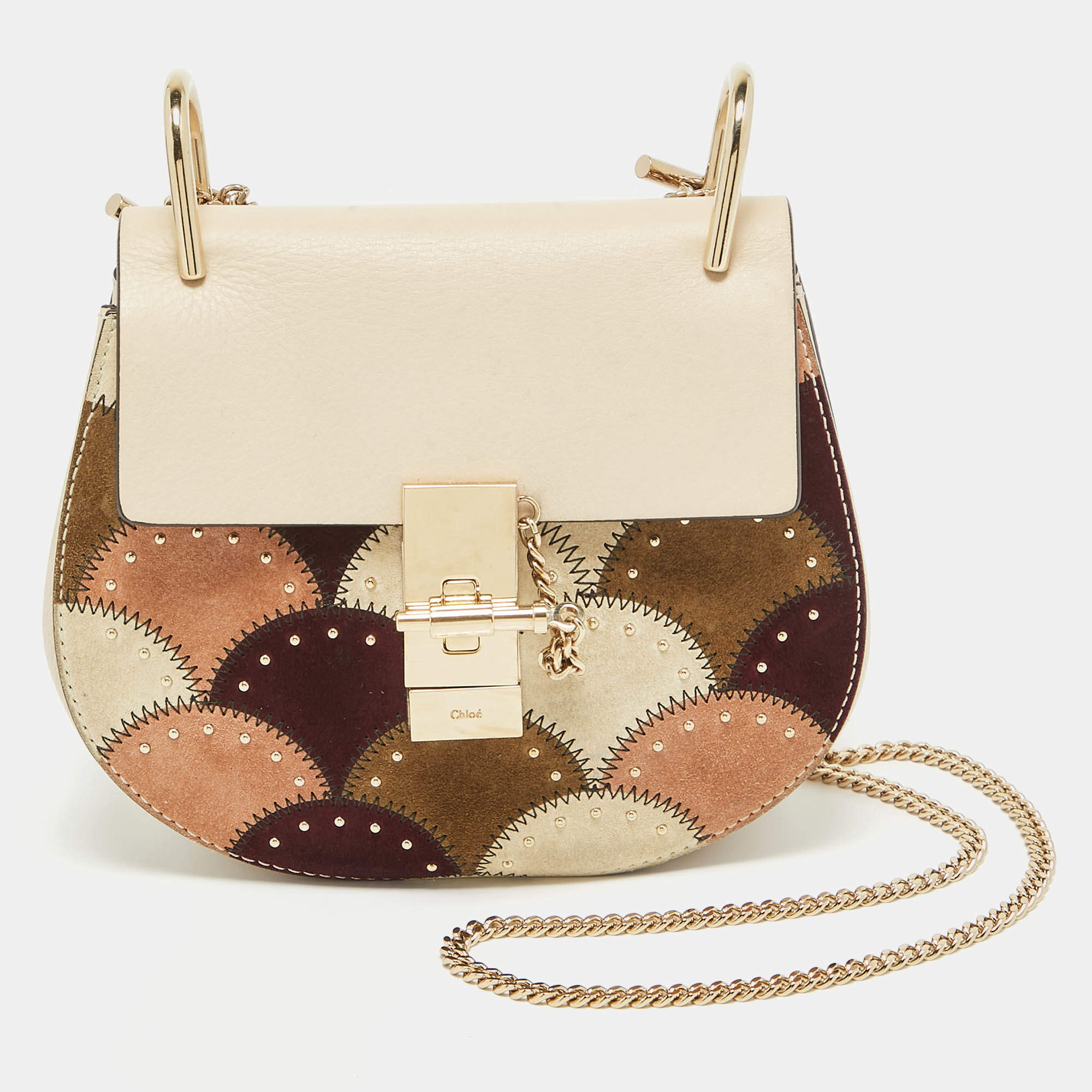 Chloe Multicolor Leather and Suede Studded Patchwork Small Drew Bag