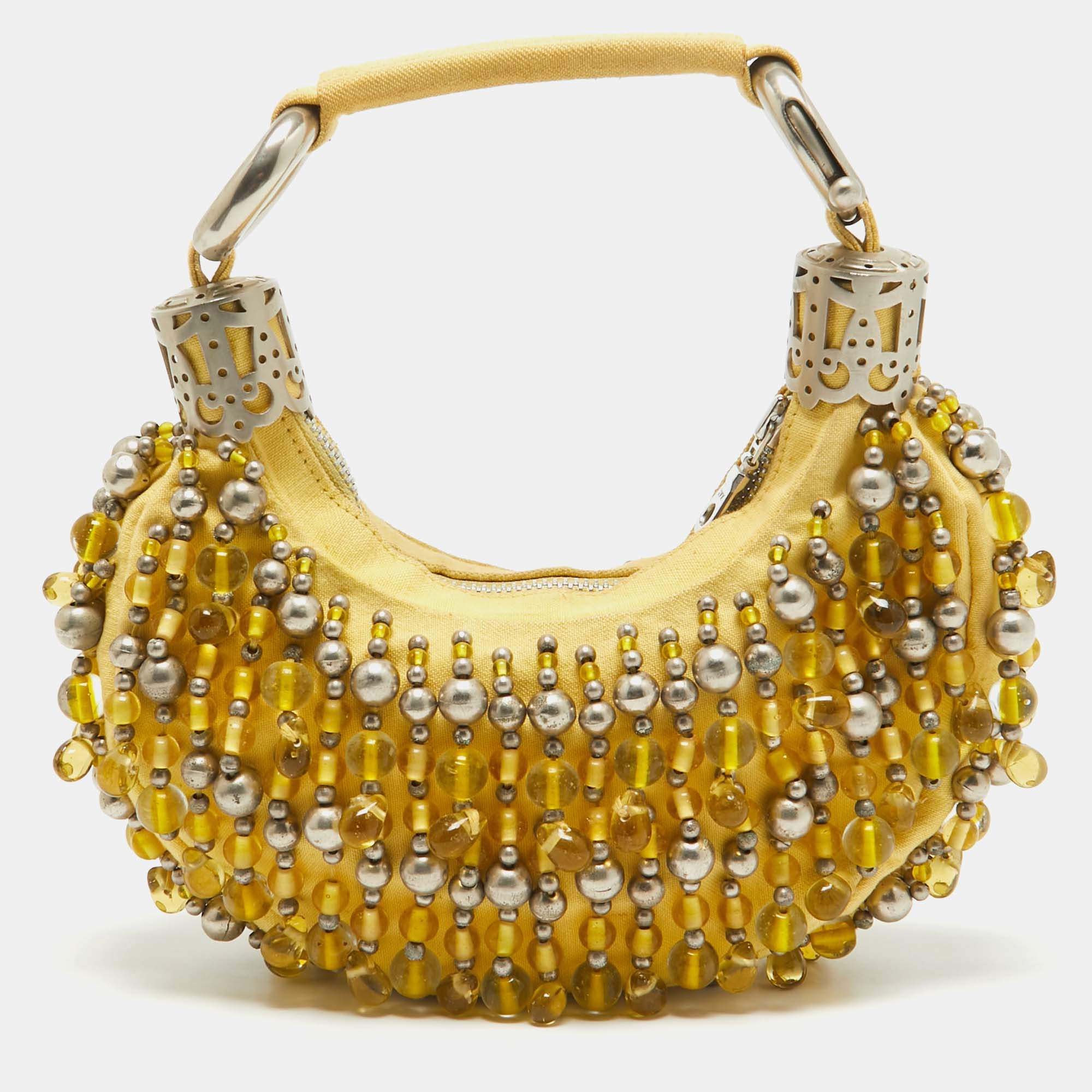 Pre Owned Chloe Yellow Fabric Embellished Crescent Hobo