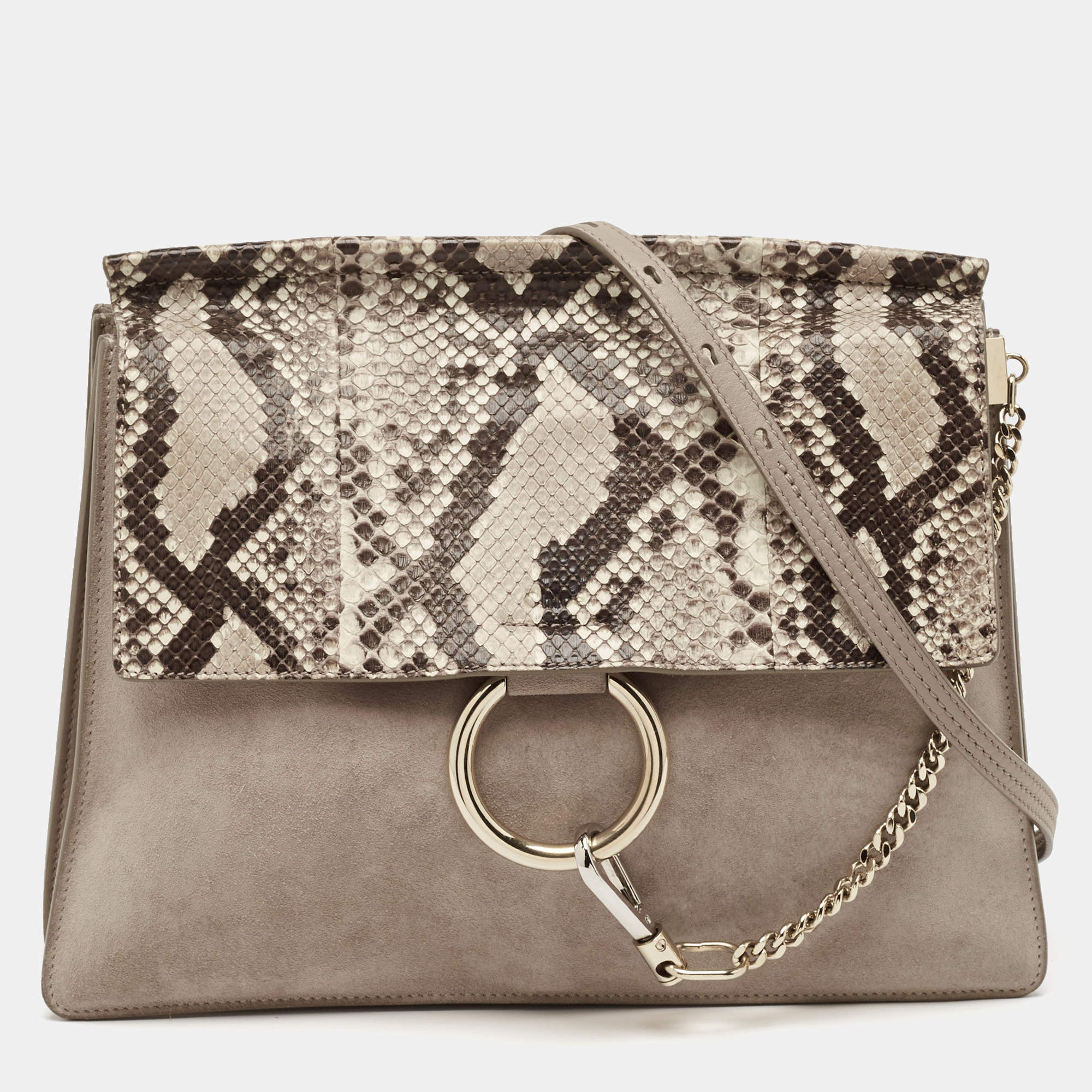 Chloe Beige/Brown Python and Suede Medium Faye Shoulder Bag