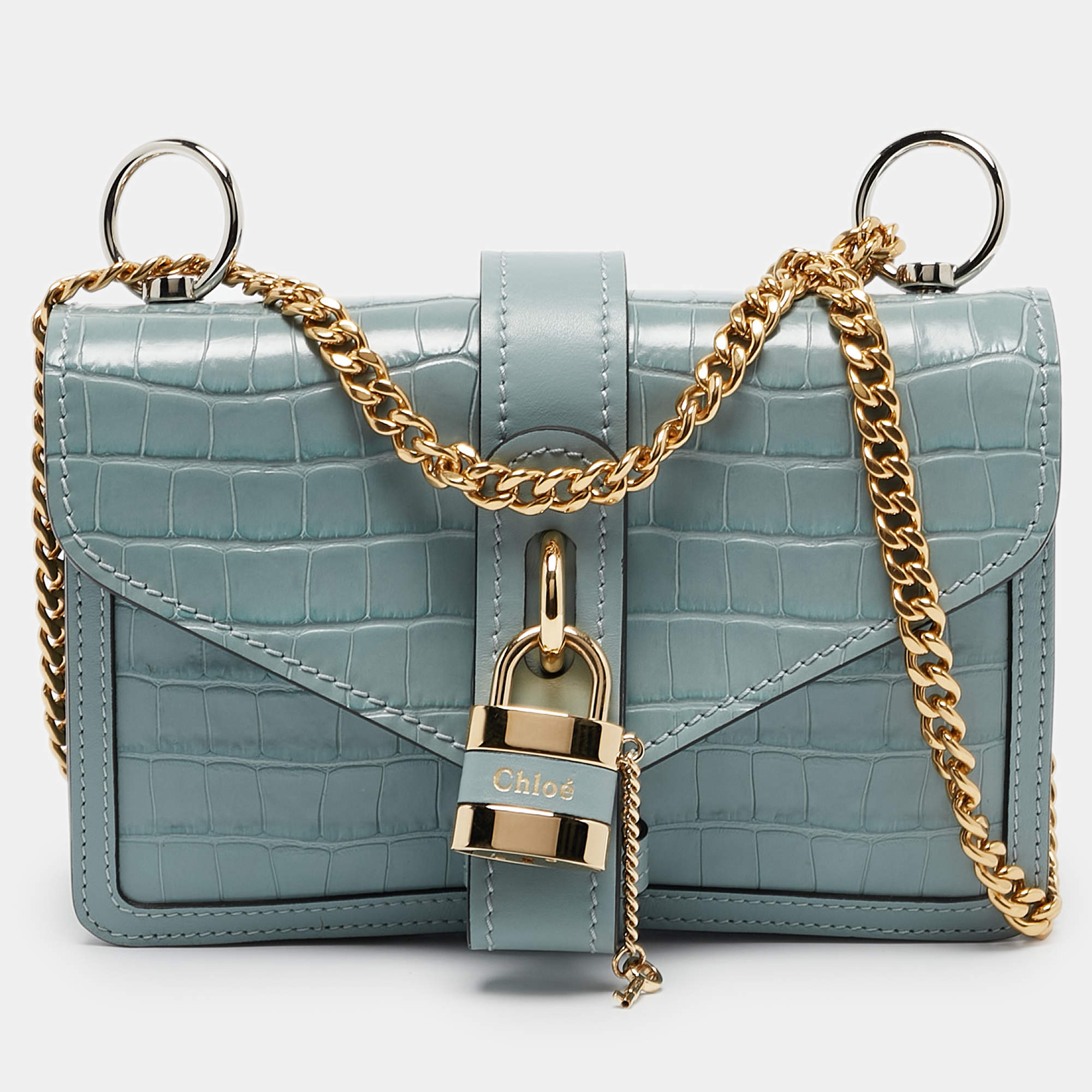 Chloe Light Blue Croc Embossed Leather Small Aby Shoulder Bag