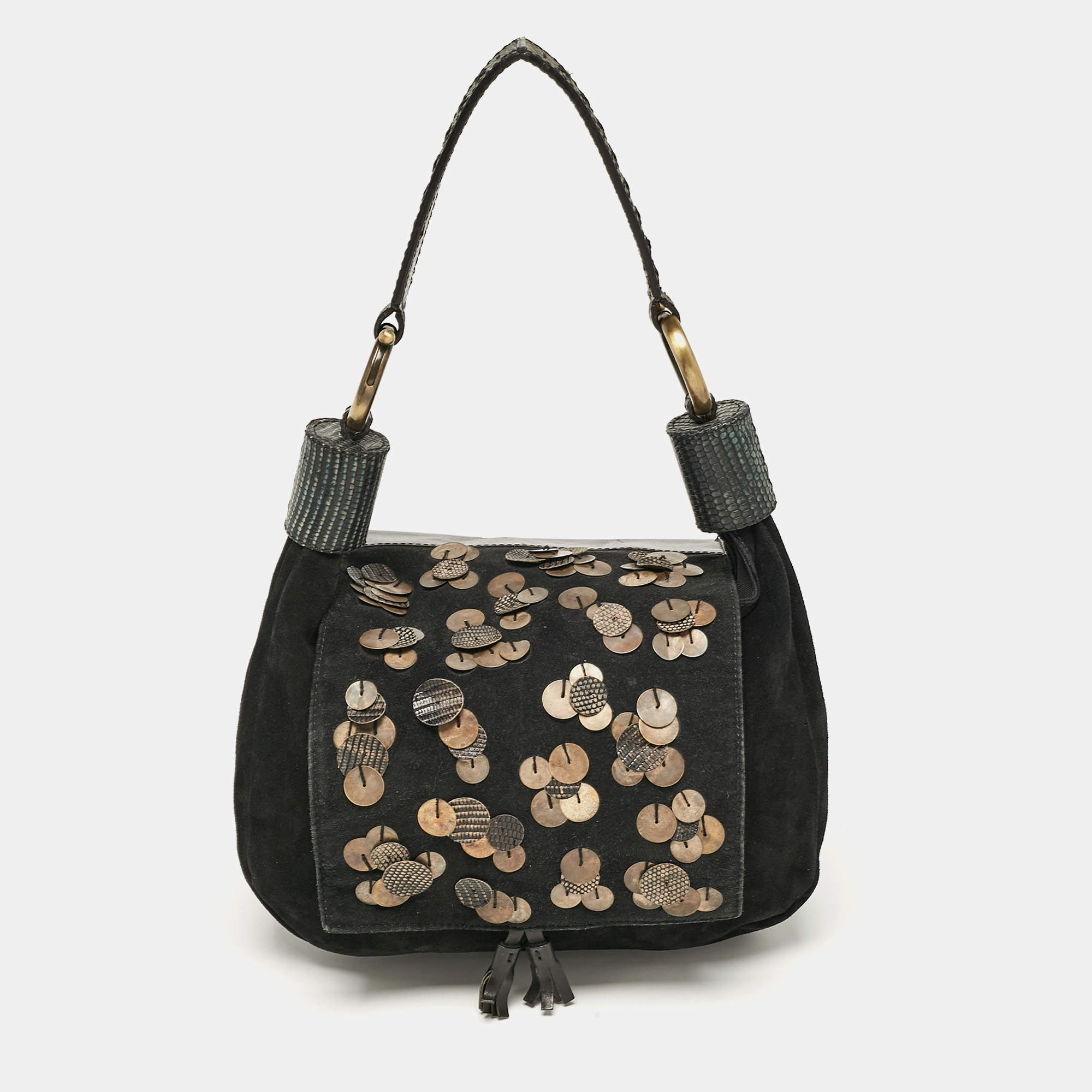Pre Owned Chloe Black Leather and Suede Embellished Flap Hobo