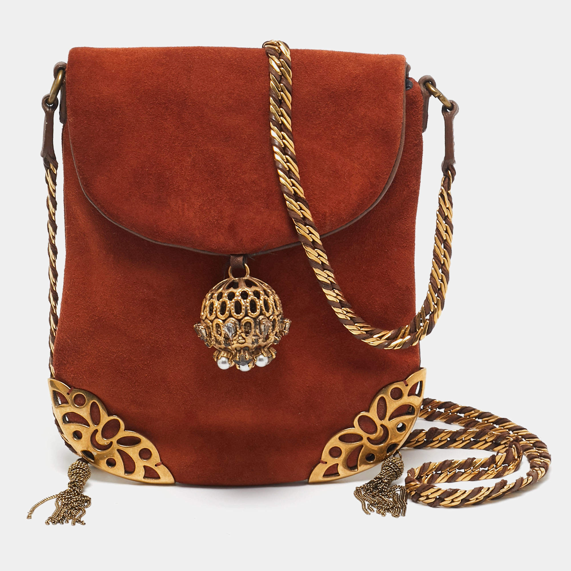 Chloe Brown Suede Embellished Flap Chain Clutch