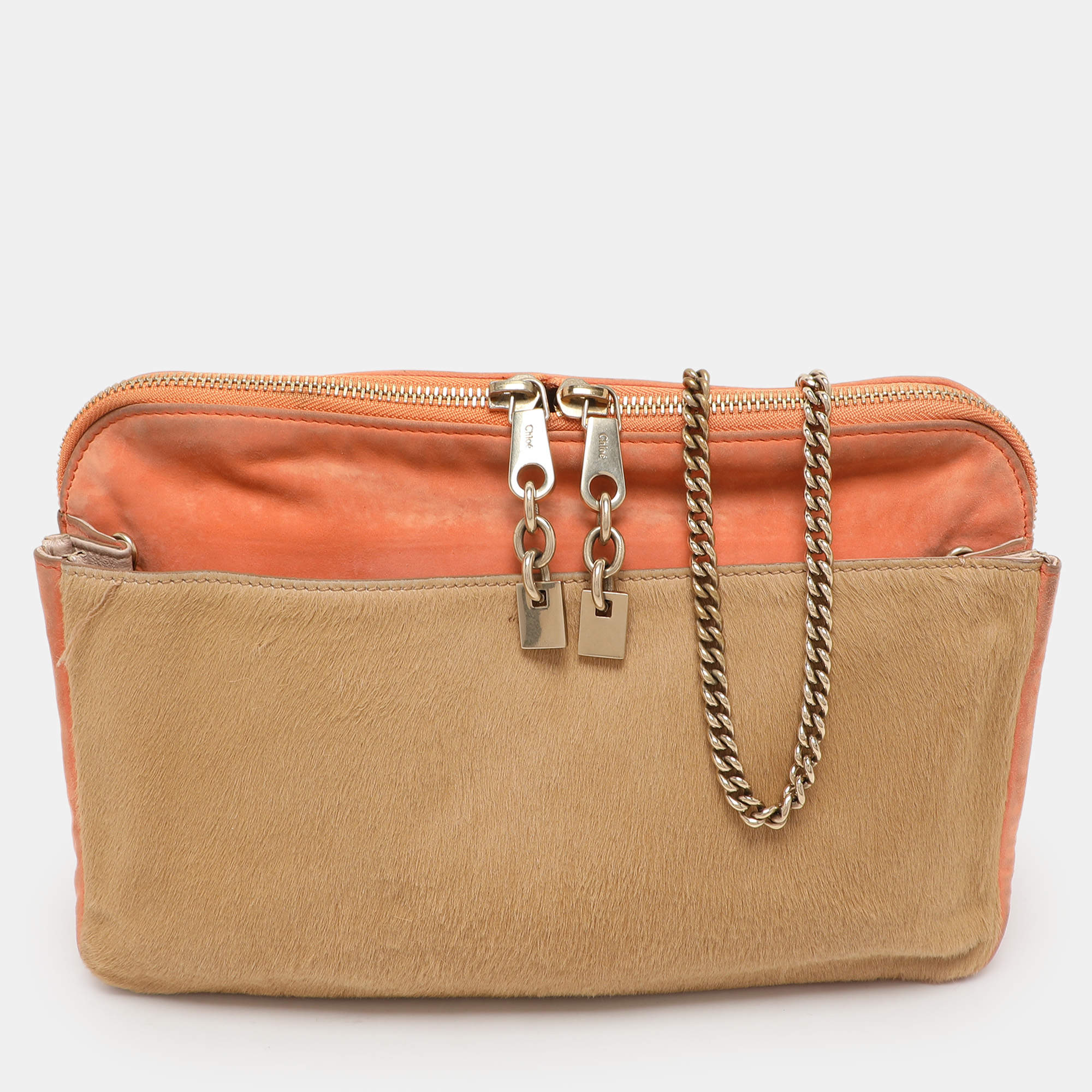 Chloe Beige/Peach Calf Hair and Suede Chain Shoulder Bag