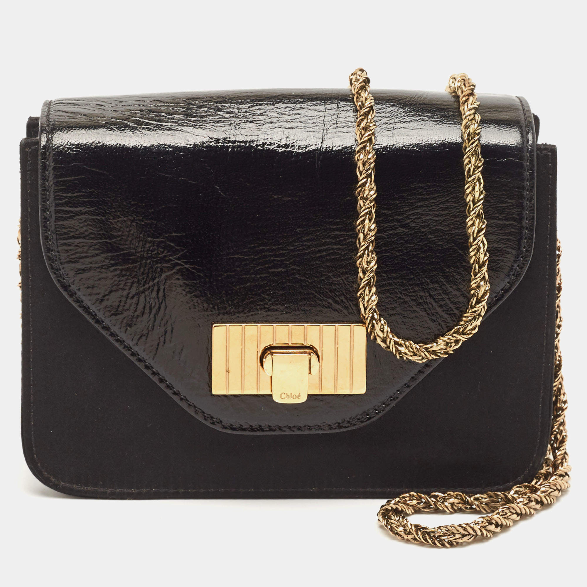 Chloe Black Satin and Patent Leather Mini Sally Shoulder Bag