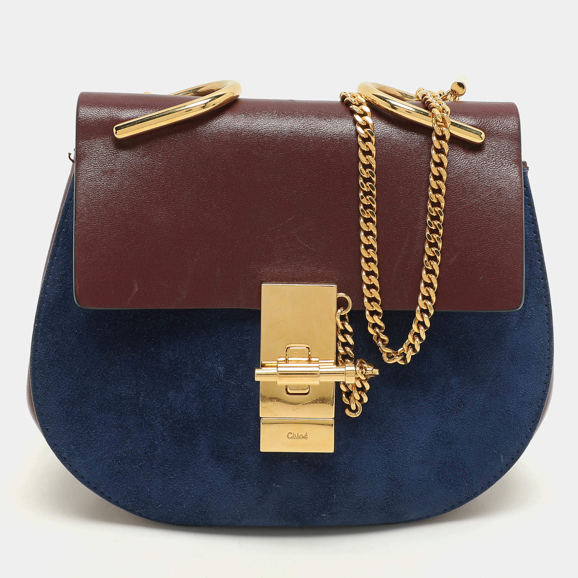 Pre Owned Chloe Dark Brown/Blue Leather and Suede Small Drew Shoulder Bag