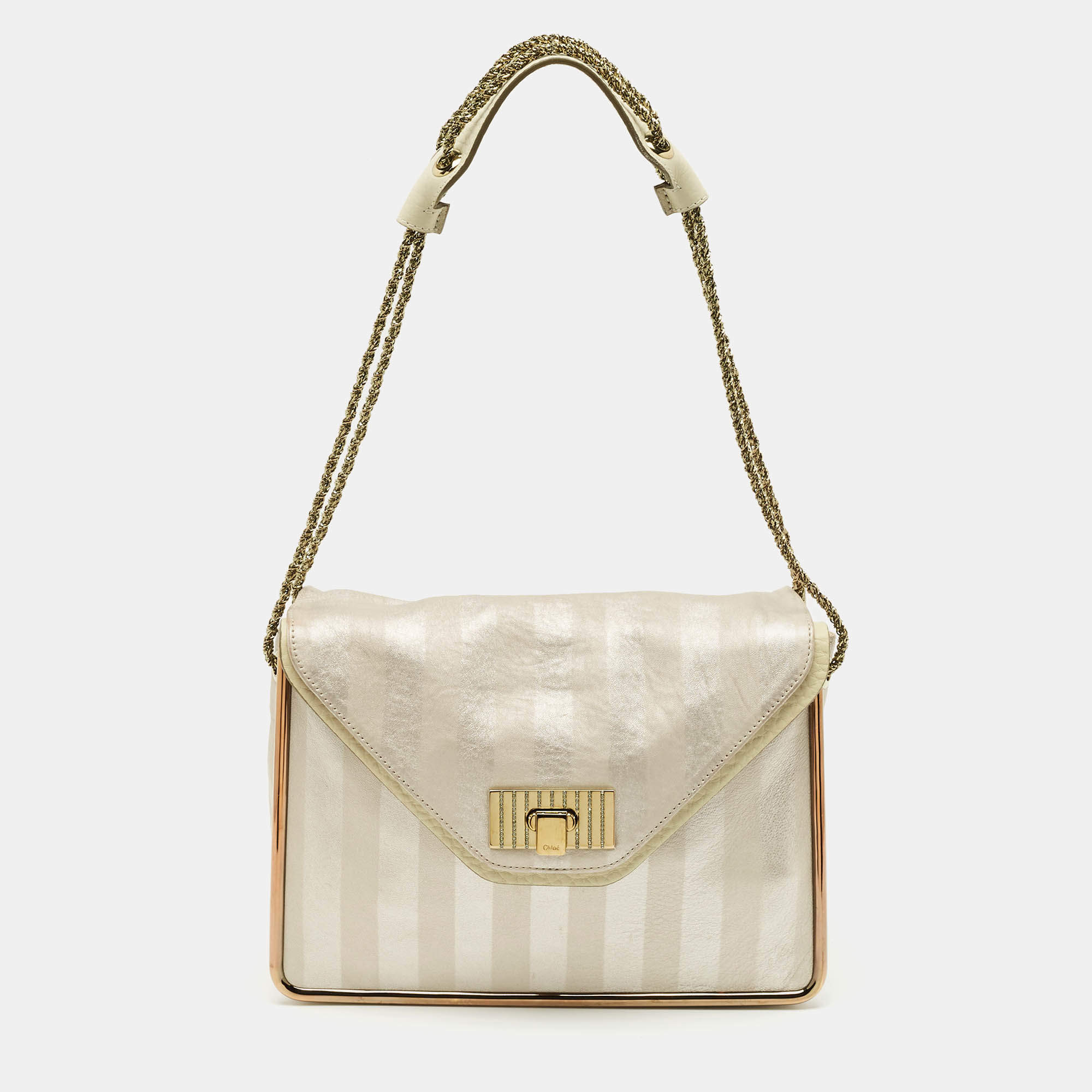 Chloe Metallic Striped Leather Medium Crystal Sally Flap Shoulder Bag