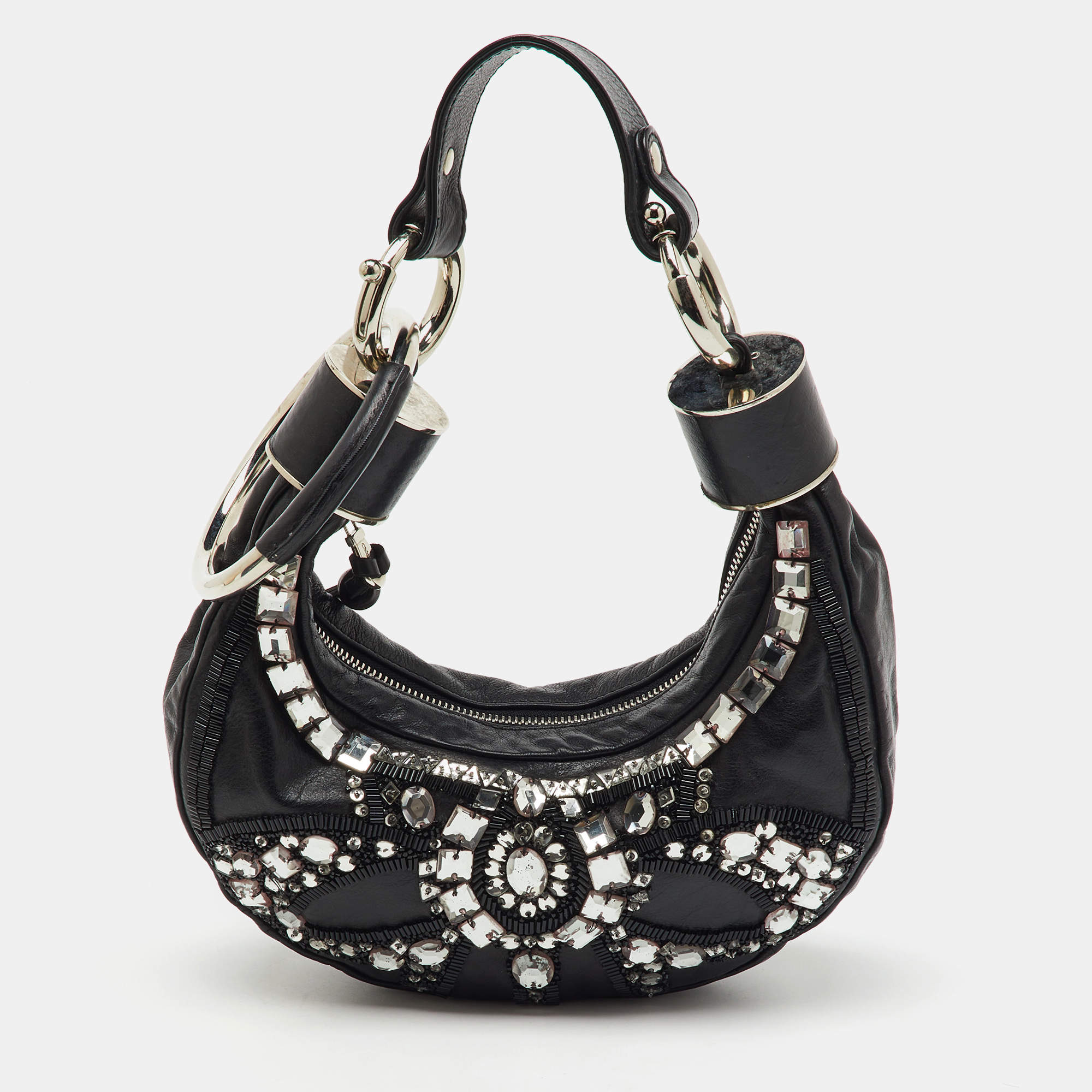 Pre Owned Chloé Black Leather Mini Crystal Embellished Crescent Hobo