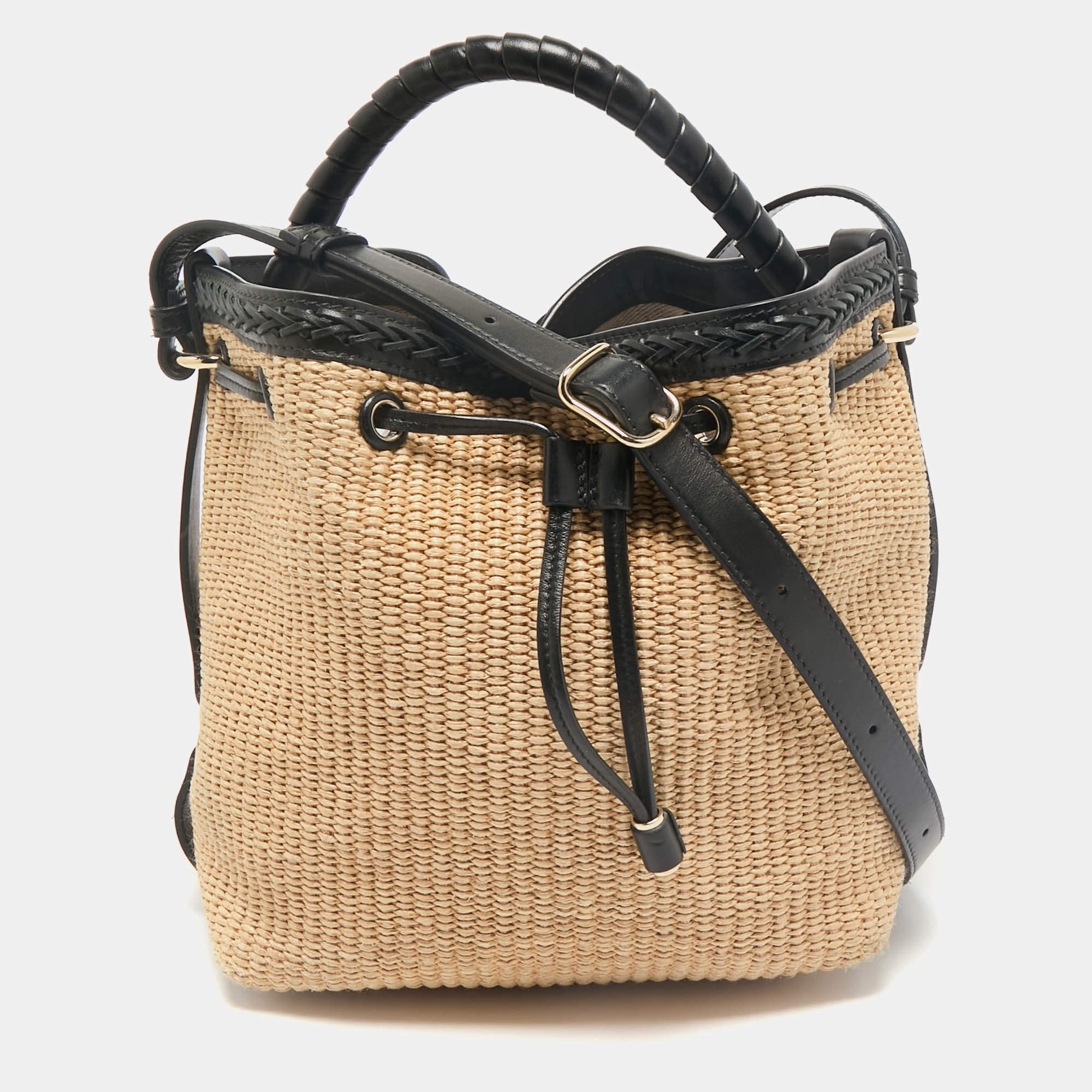 Chloe Beige/Black Raffia and Leather Marcie Bucket Bag