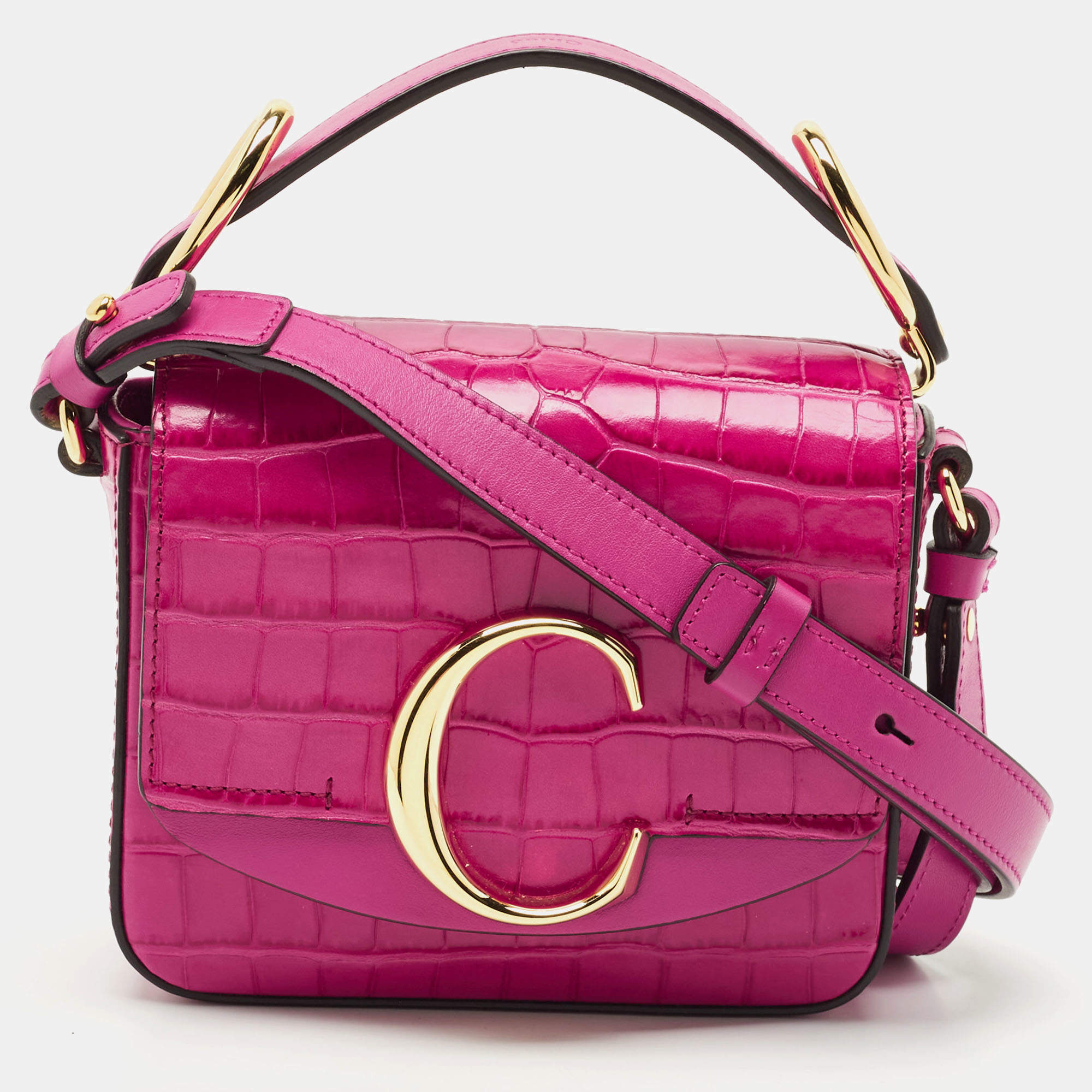 Chloé Pink Croc Embossed Leather Mini C Top Handle Bag